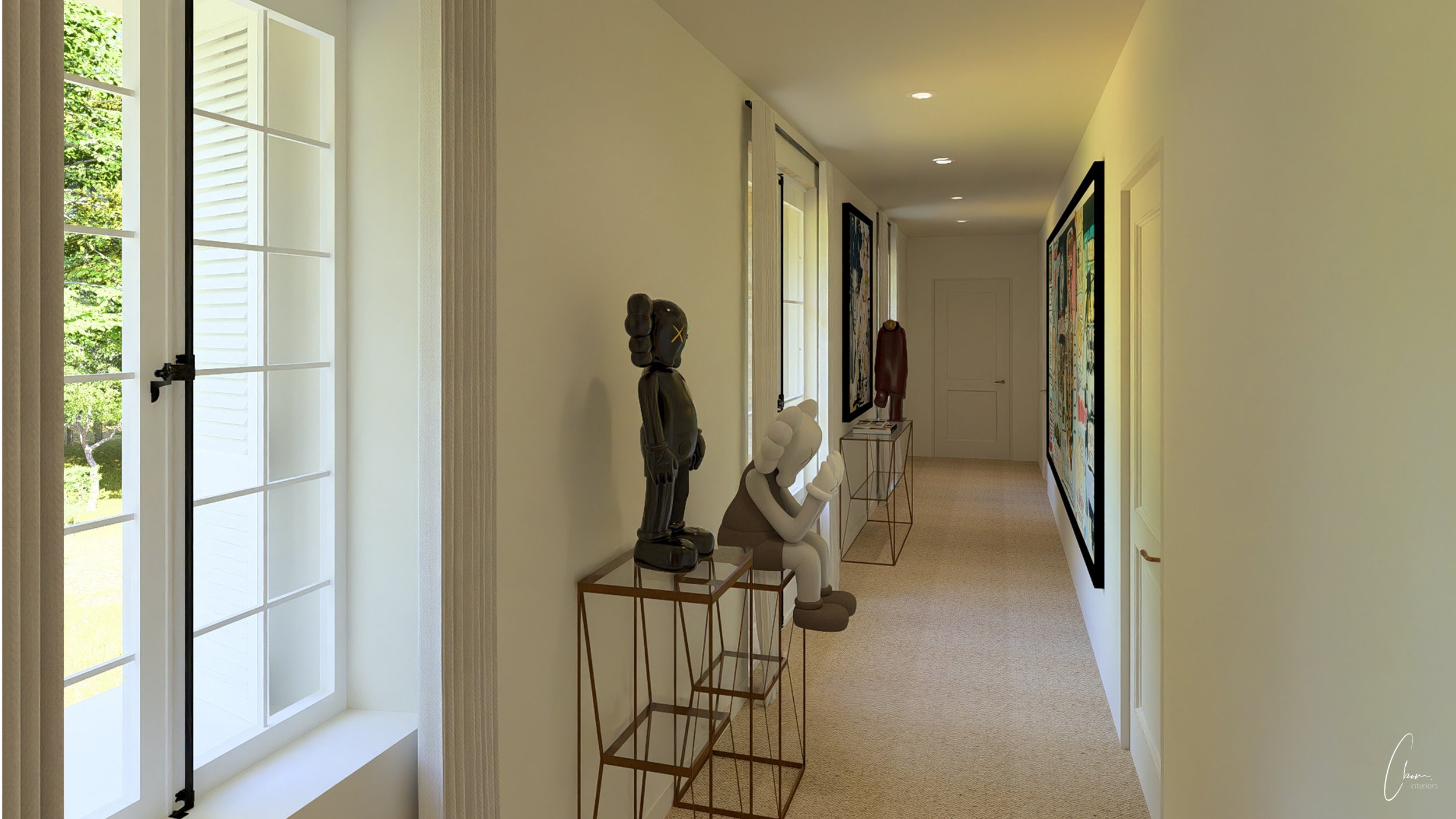 Perspective view of the hallway, 3D design of an interior design project in the Bordeaux wine region