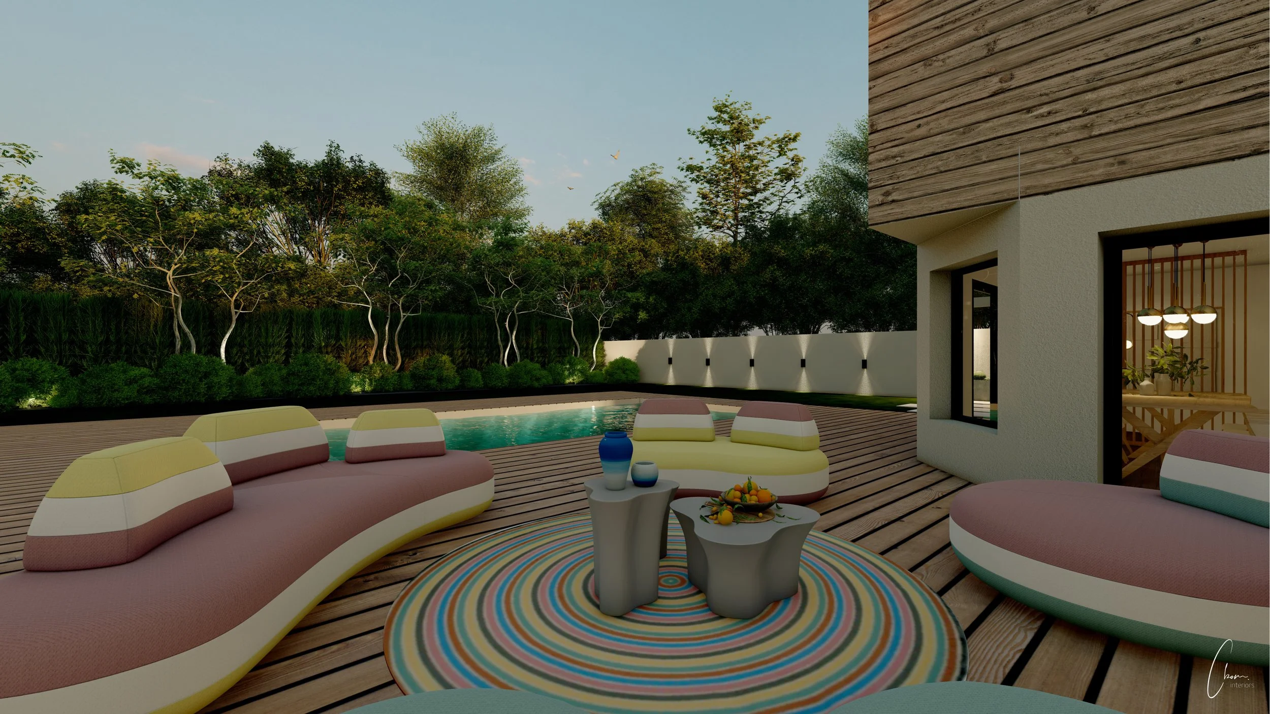 Piscine et terrasse en bois d'une maison à ossature bois, conception 3D d'un projet au Bassin d'Arcachon
