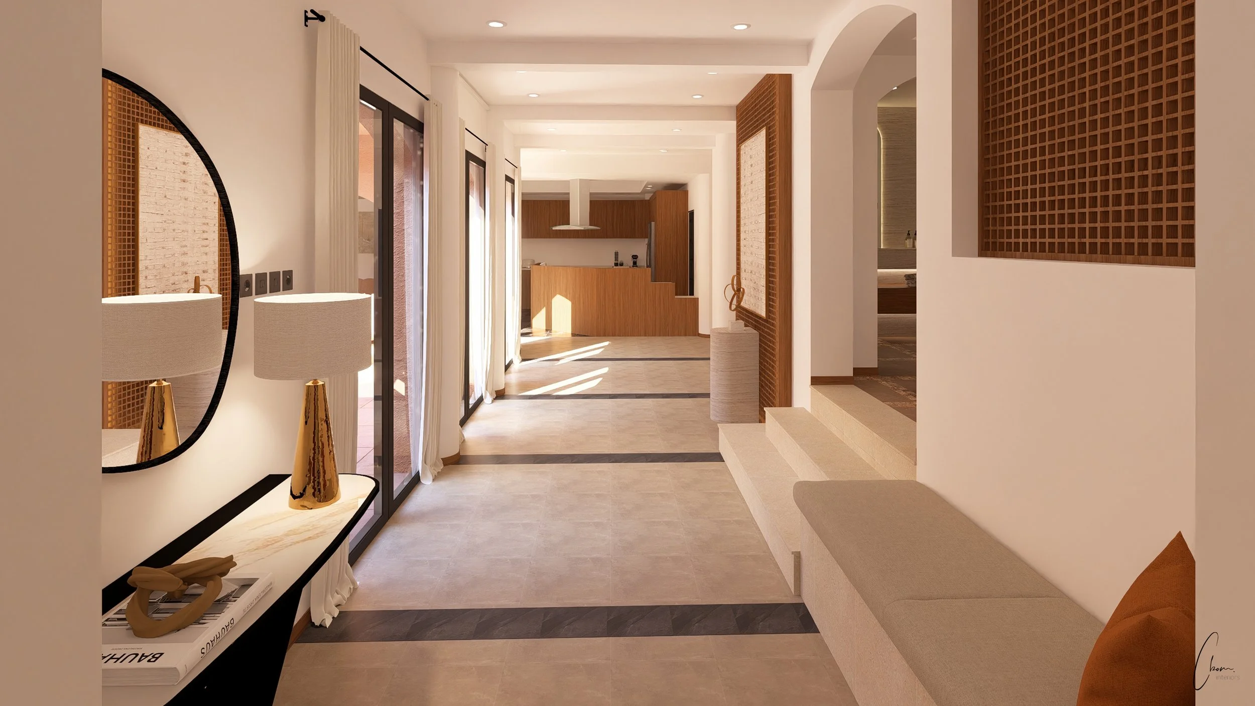 Entrée contemporaine avec voûtes, aménagement intérieur aux tons sable et noyer