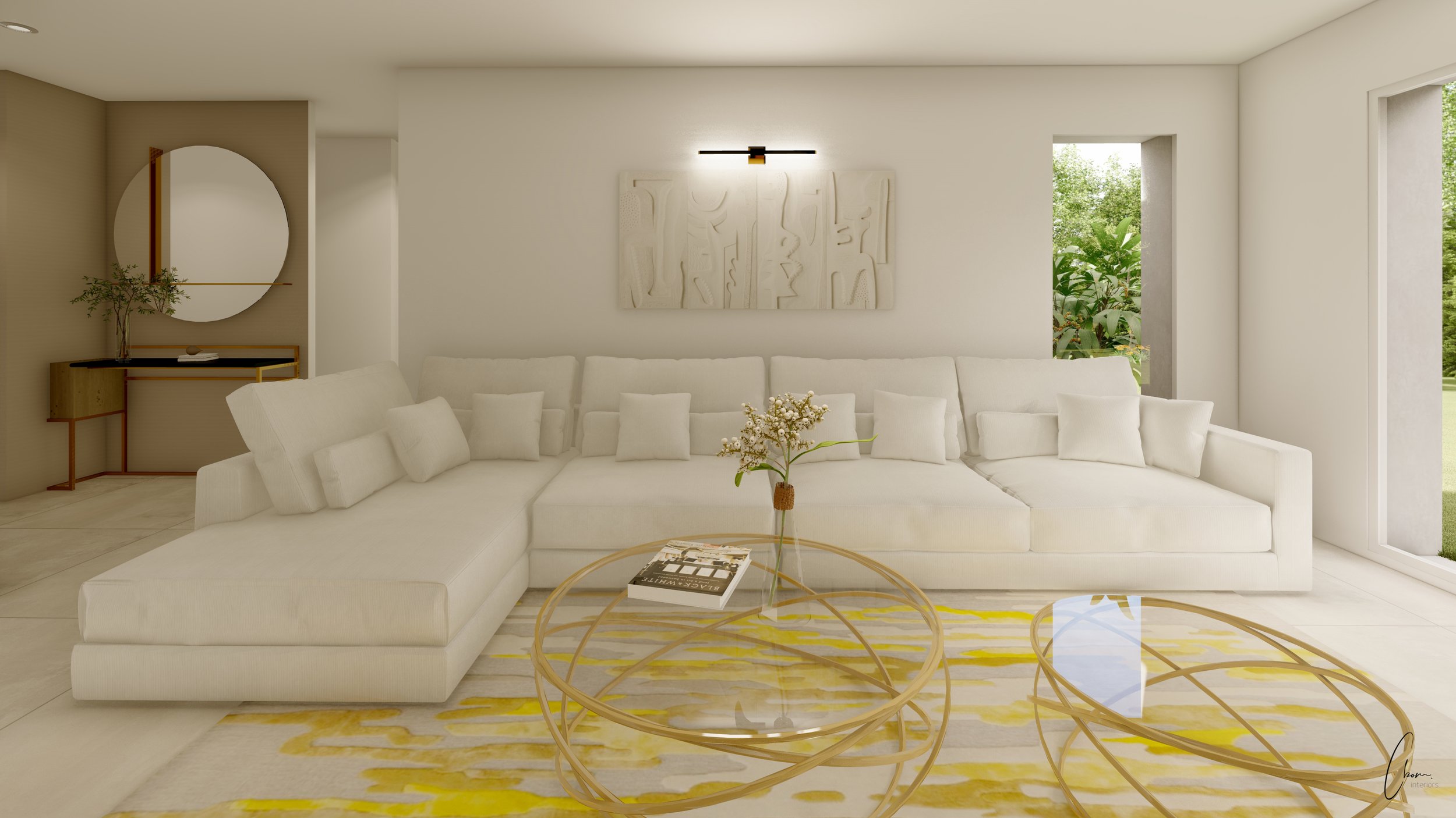 Contemporary lounge with large white corner sofa and graphic rug, 3D design of a detached family home