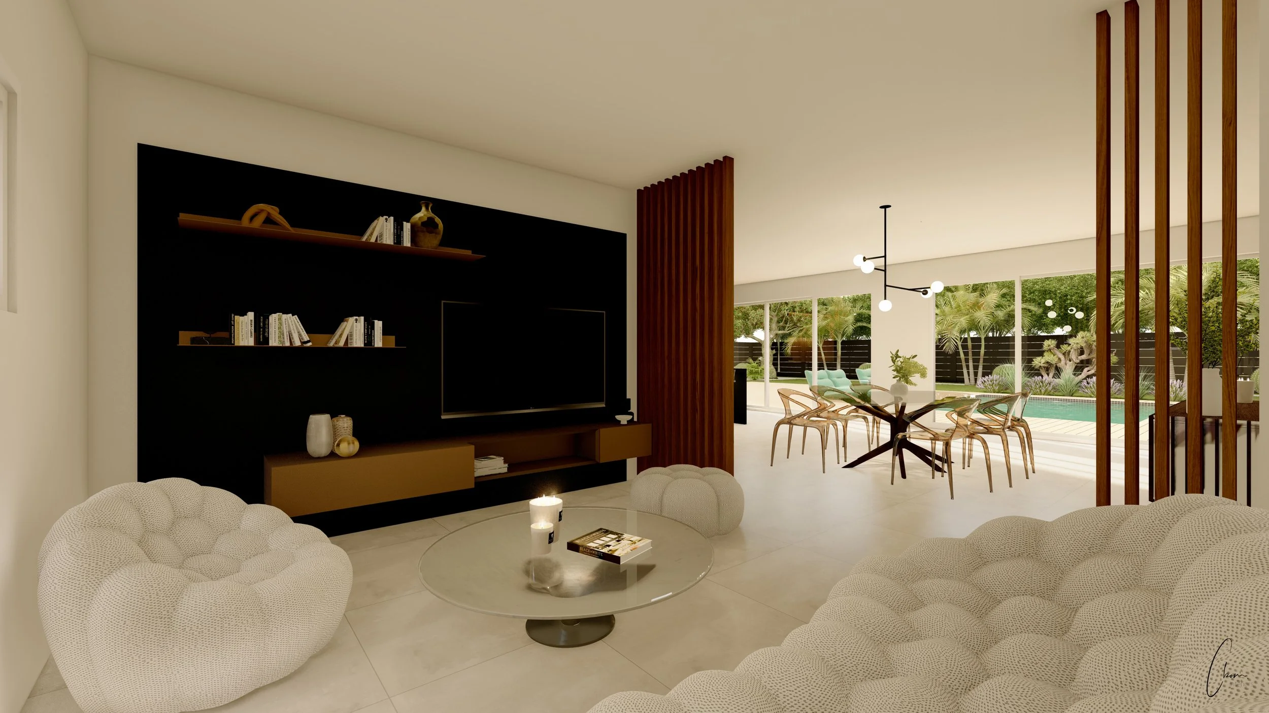 Kitchen in wood and black tones open to the dining area and pool terrace, interior design of a home in Andernos-les-Bains