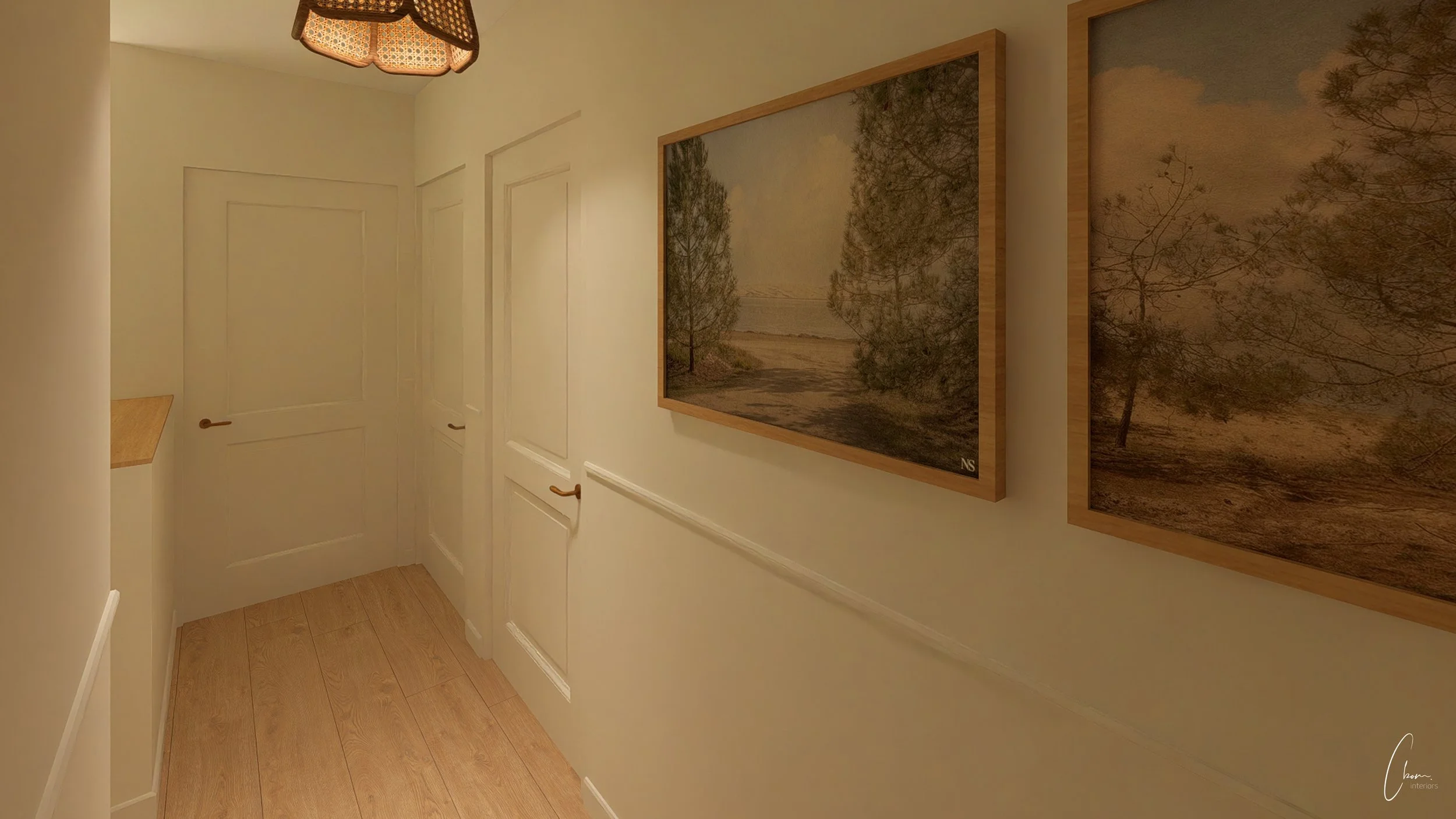 Couloir lumineux orné de tableaux, design d'intérieur d'une maison au Bassin d'Arcachon