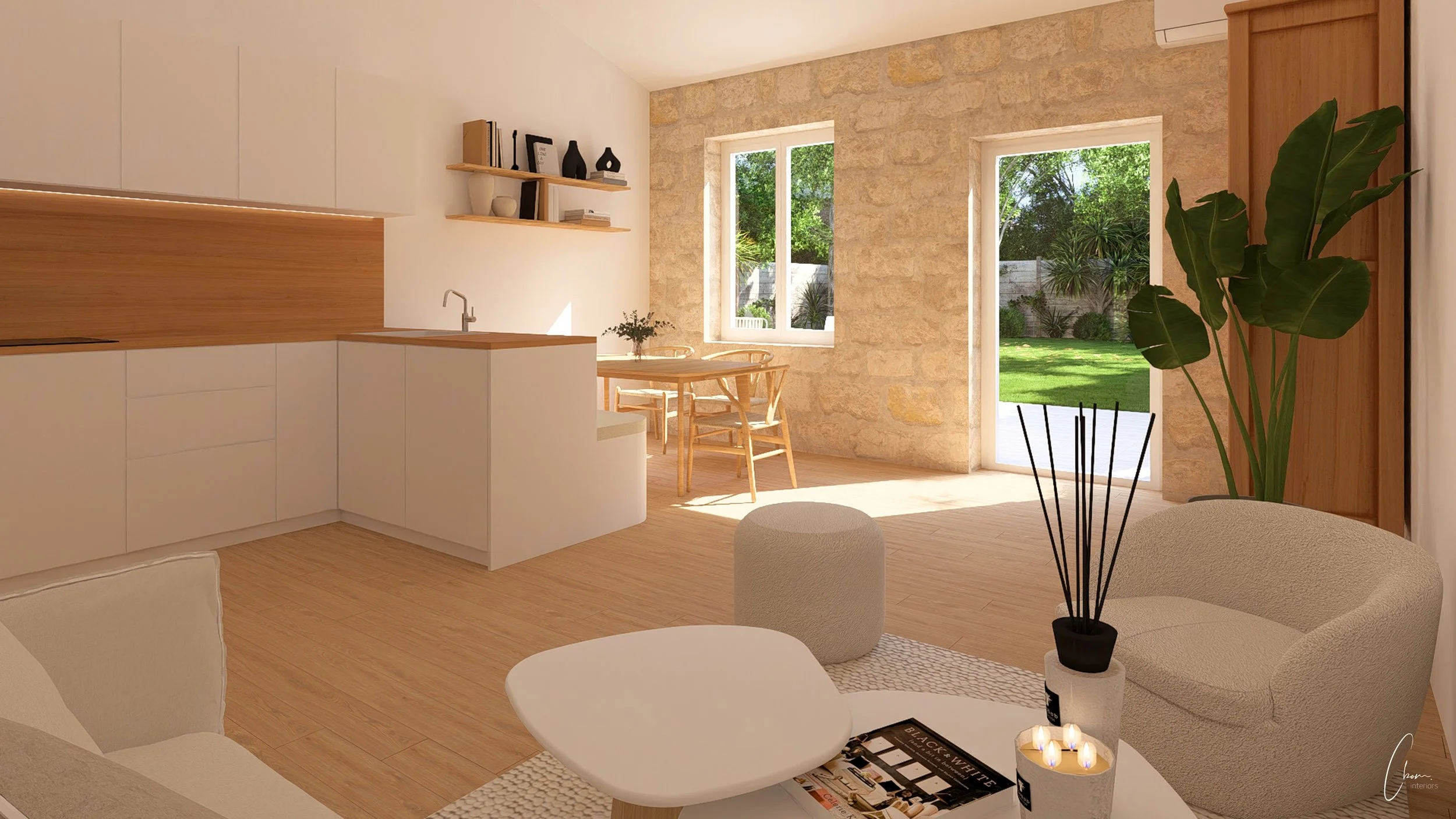 Bright living space open to the kitchen, 3D design of a renovation project near Bordeaux