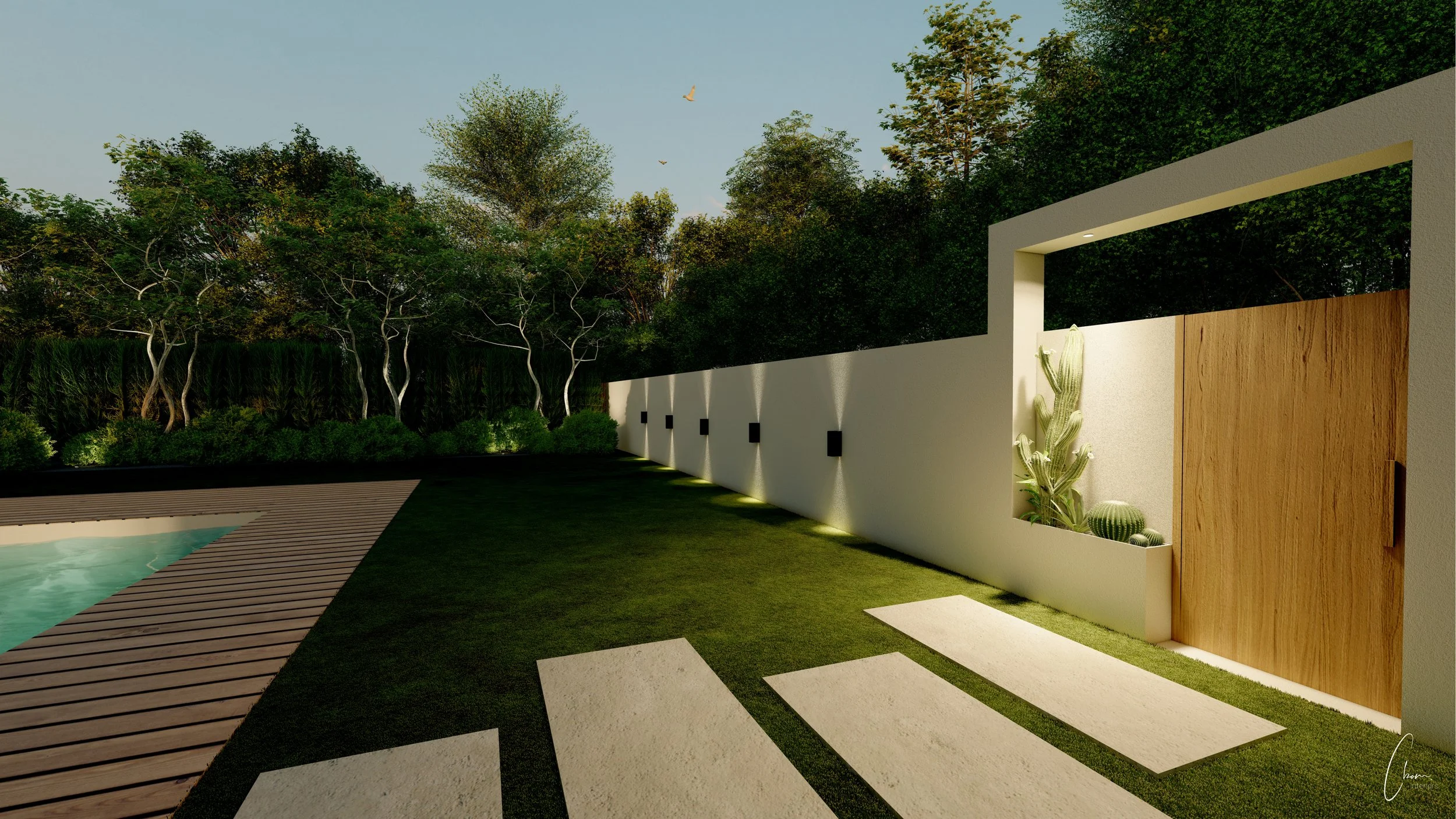 Japanese-style stepping stone pathway and landscaped garden by night, 3D design of an outdoor project in Pyla-sur-Mer