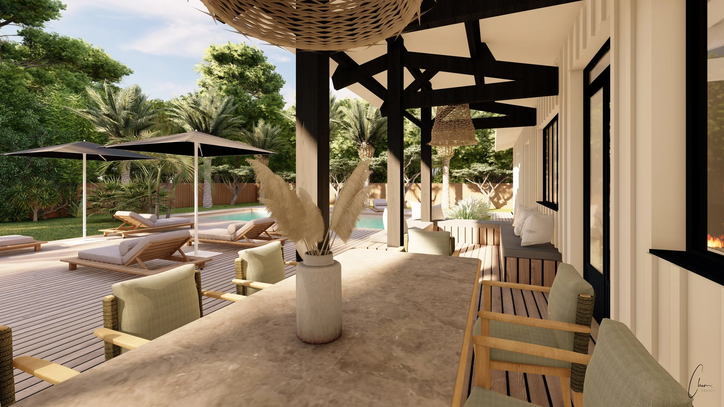 Terrasse couverte avec table conviviale et vue sur la piscine, projet d'aménagement extérieur au Cap Ferret