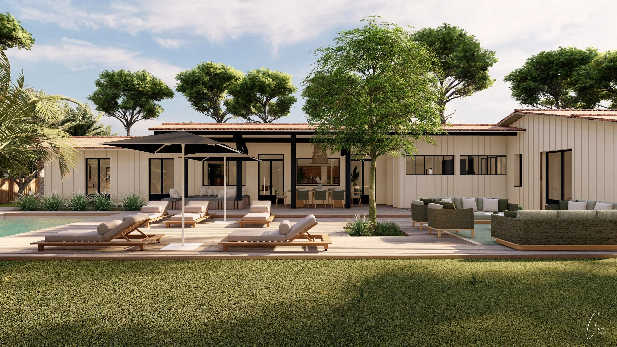 Villa de luxe avec piscine entourée de palmiers et de pins, conception 3D d'un jardin de villa au Cap Ferret