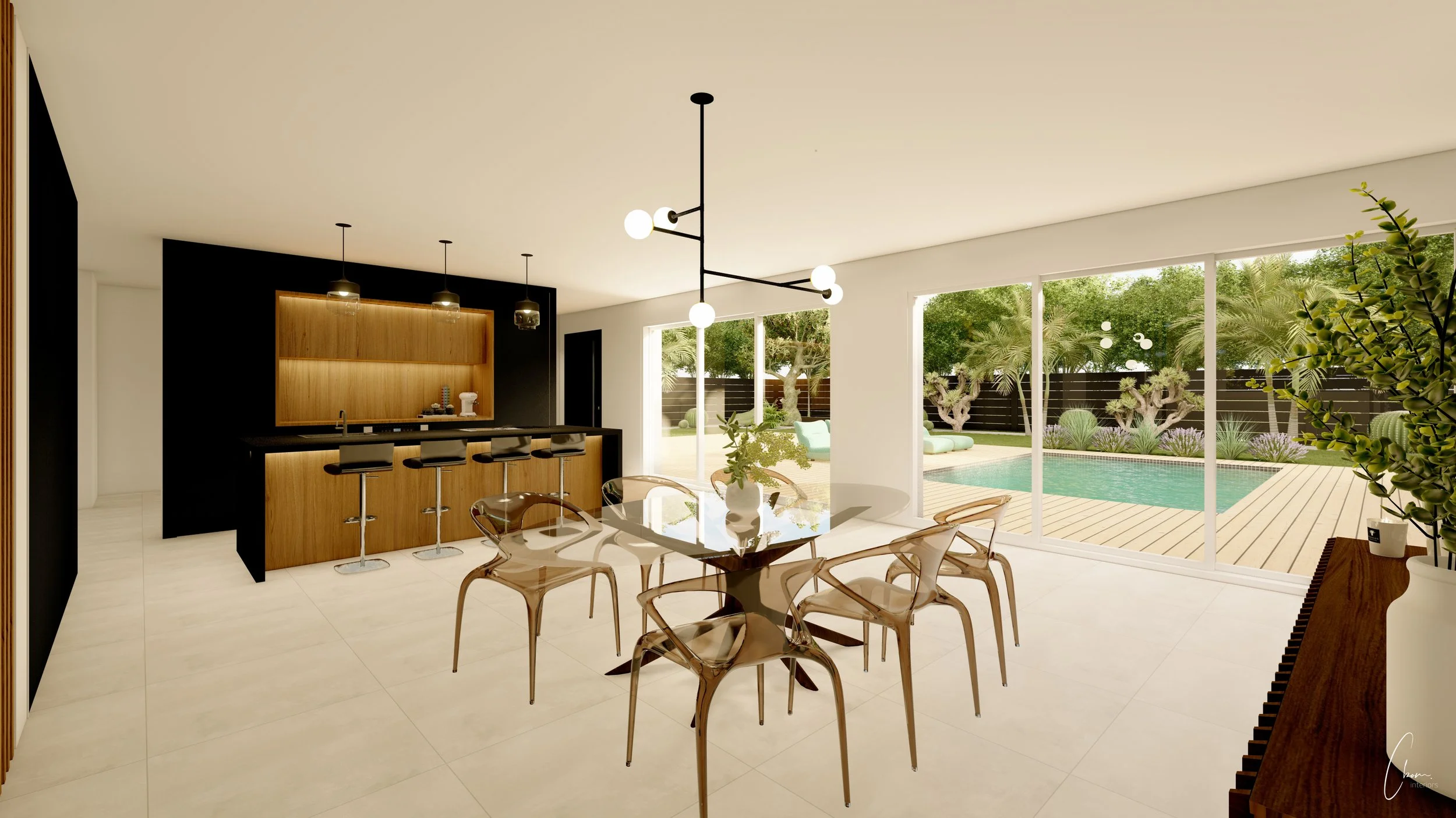 Cuisine en bois et noir ouverte sur la salle à manger et la terrasse de la piscine, aménagement d'une maison à Andernos-les-Bains