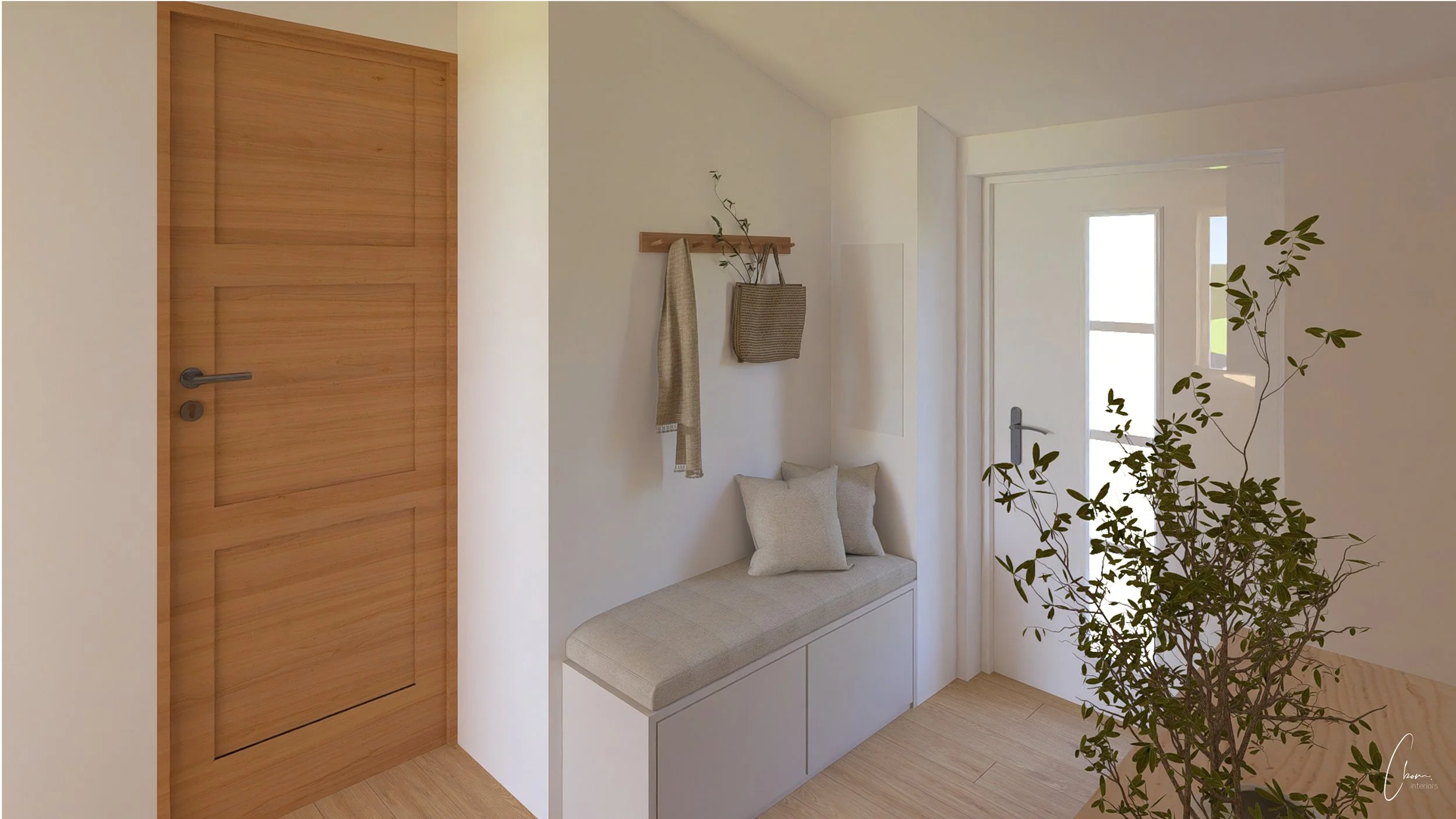Entrée contemporaine avec banc sur mesure et patère en bois, architecture d'intérieur d'un cuvier rénové