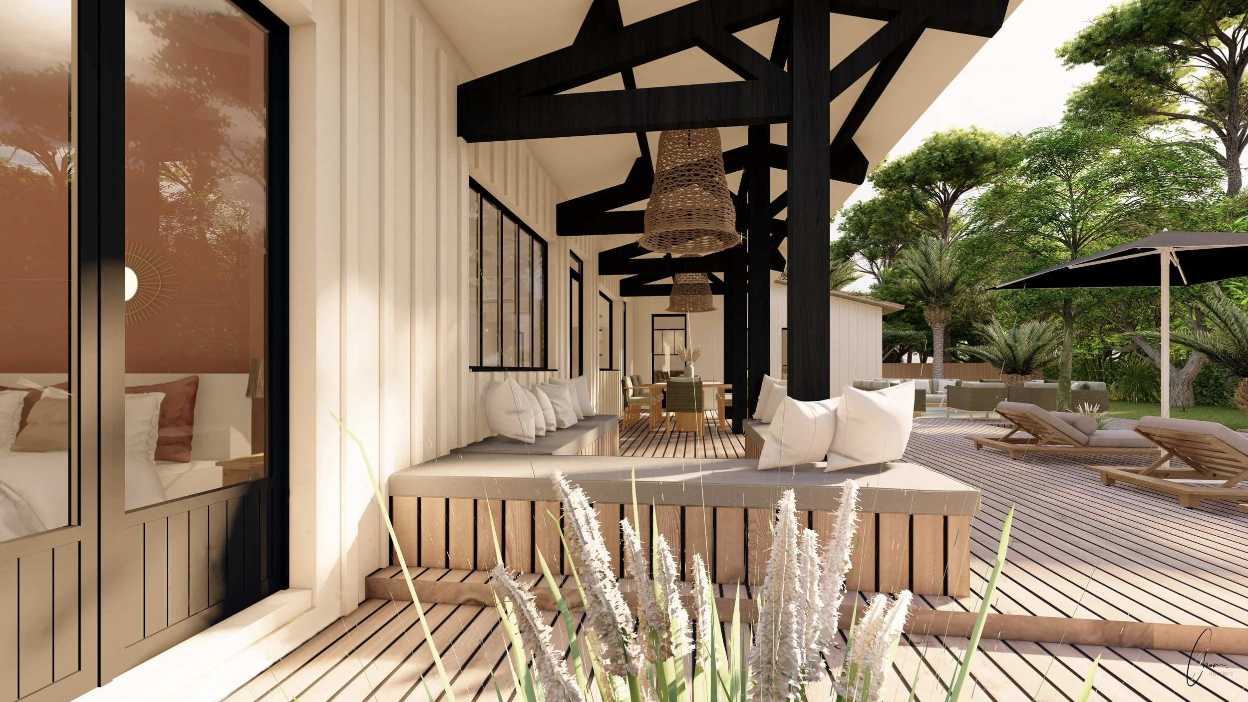 Covered terrace with dining area and banquettes, outdoor design of a villa at the tip of Cap Ferret