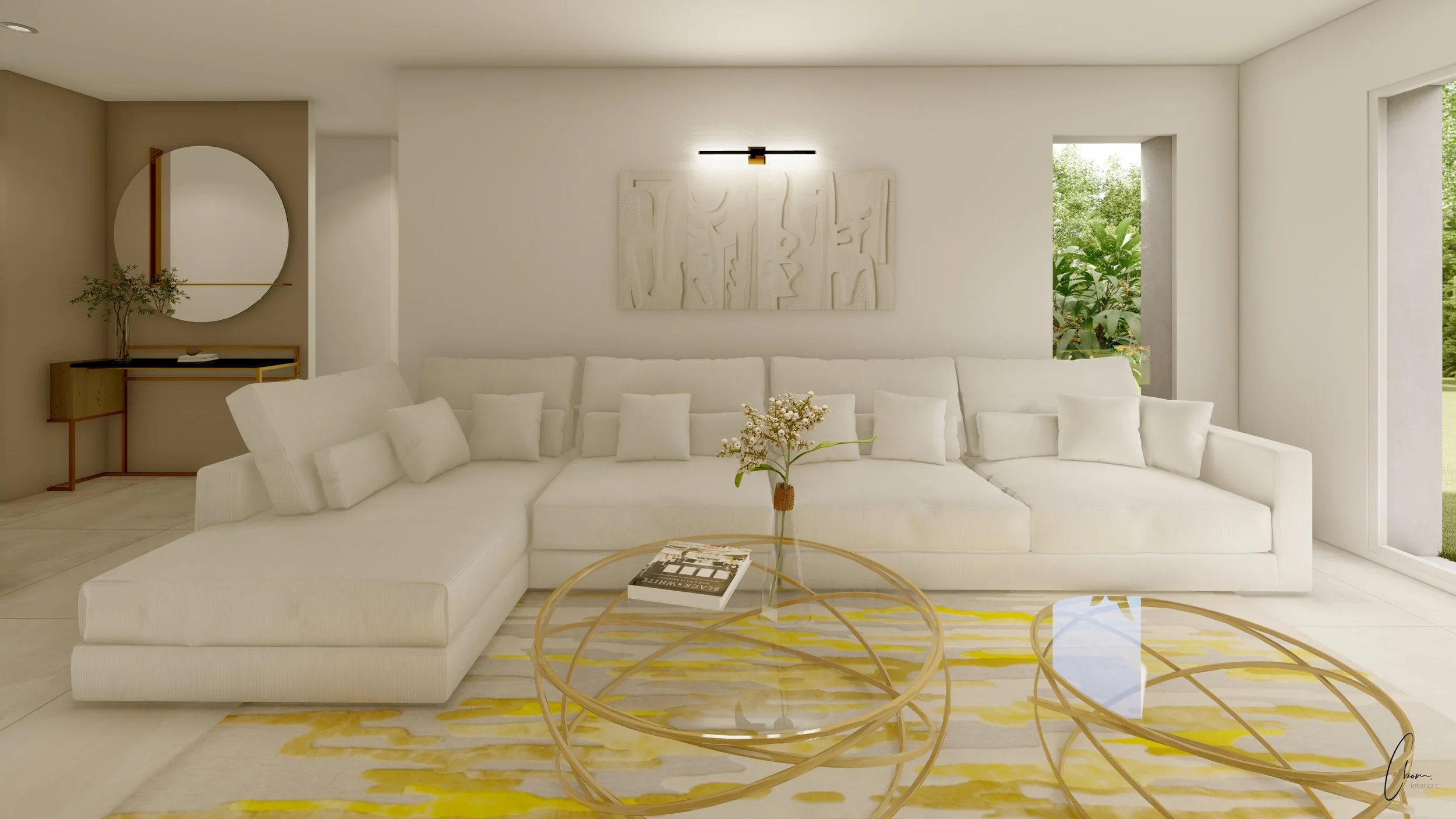 Salon contemporain avec grand canapé d'angle blanc et tapis graphique, conception 3D d'une maison individuelle