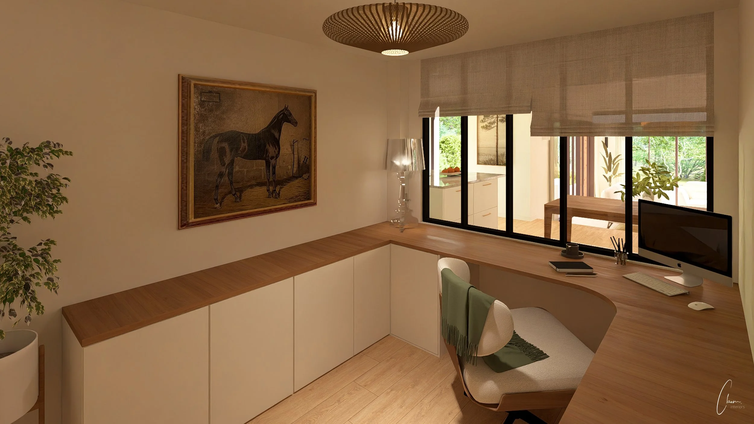 Rendu 3D d'un bureau sur mesure avec plan de travail en bois, maison au Bassin d'Arcachon