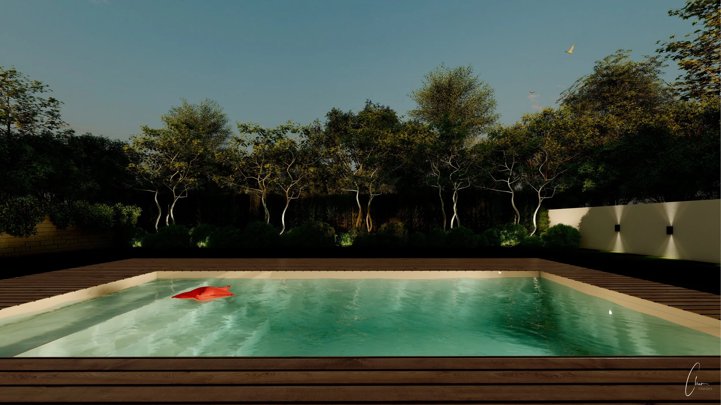 Illuminated pool at dusk surrounded by trees, outdoor design project on Arcachon Bay