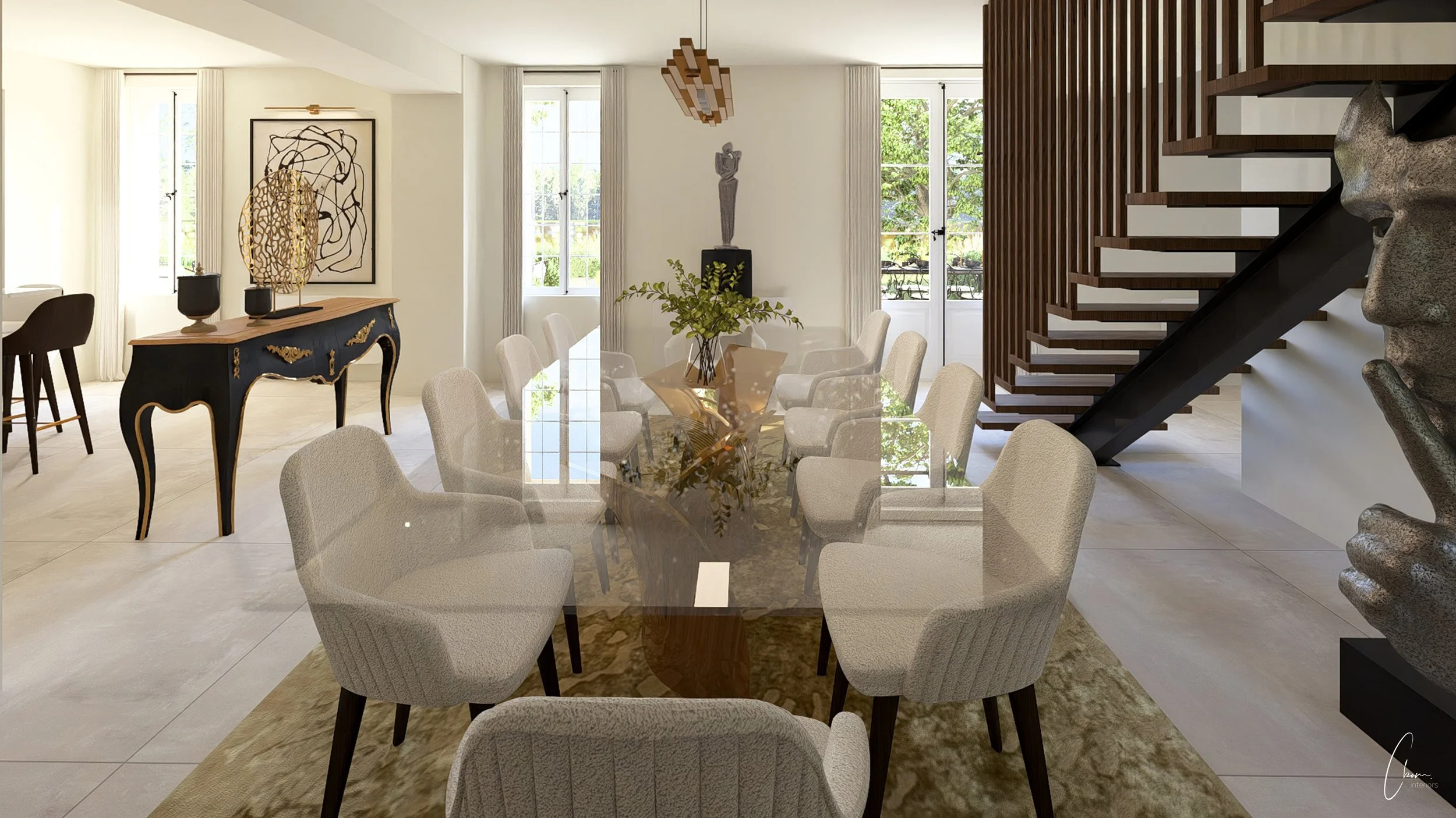 Salle à manger contemporaine ouverte sur la cuisine, aménagement intérieur d'une demeure de caractère