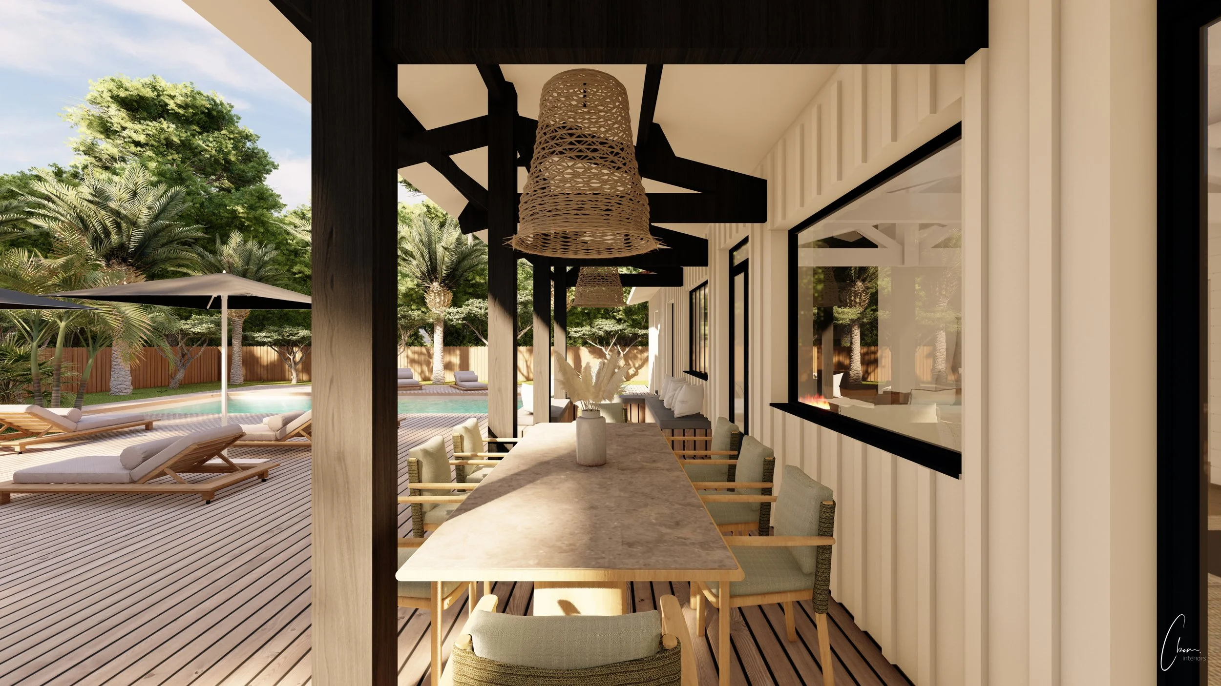 Outdoor dining table beneath a covered terrace, exterior design of a prestige villa in Cap Ferret