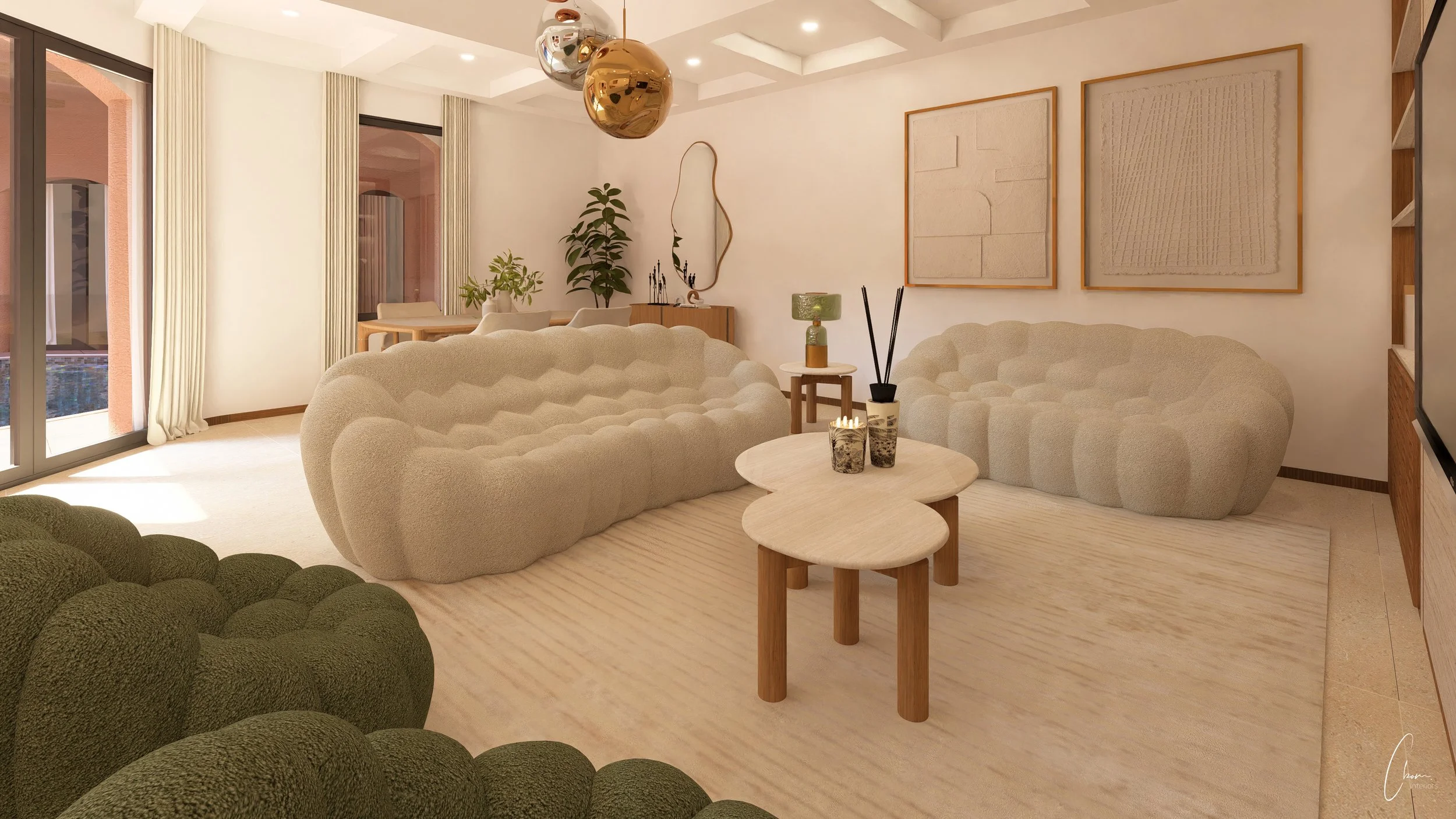 Detail of the shelving and wooden cabinetry, 3D design for a high-end project