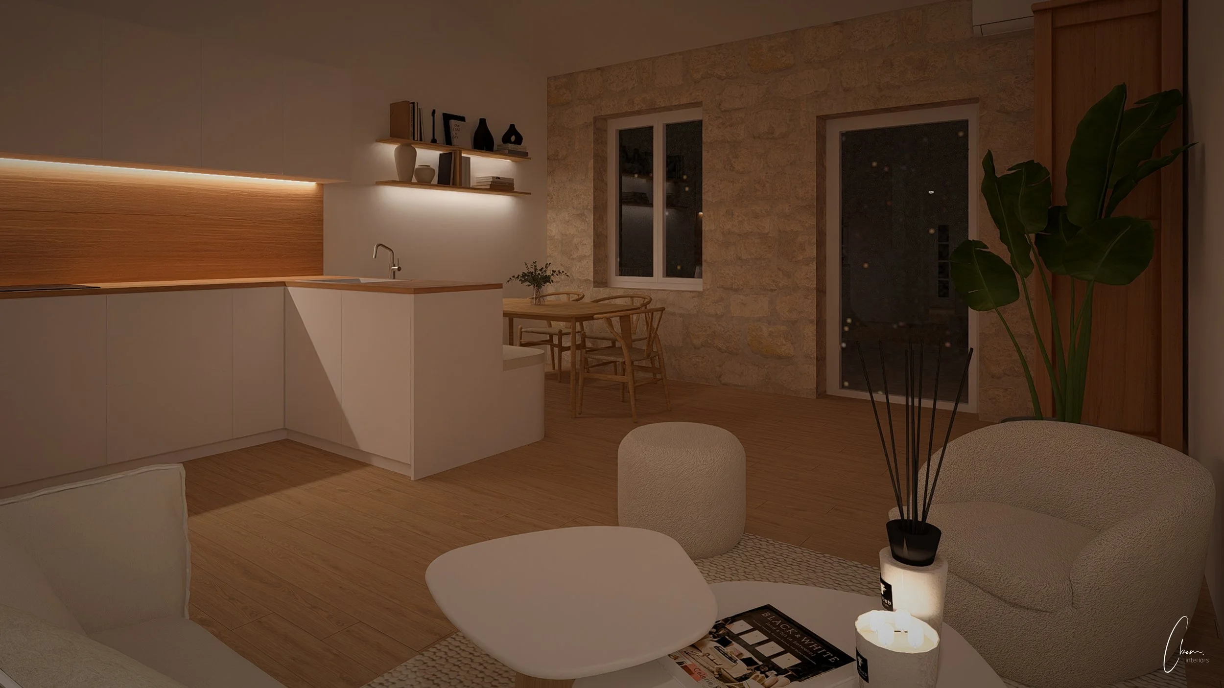 3D rendering of a kitchen and living area by night, warm atmosphere of a renovated wine vat house near Bordeaux