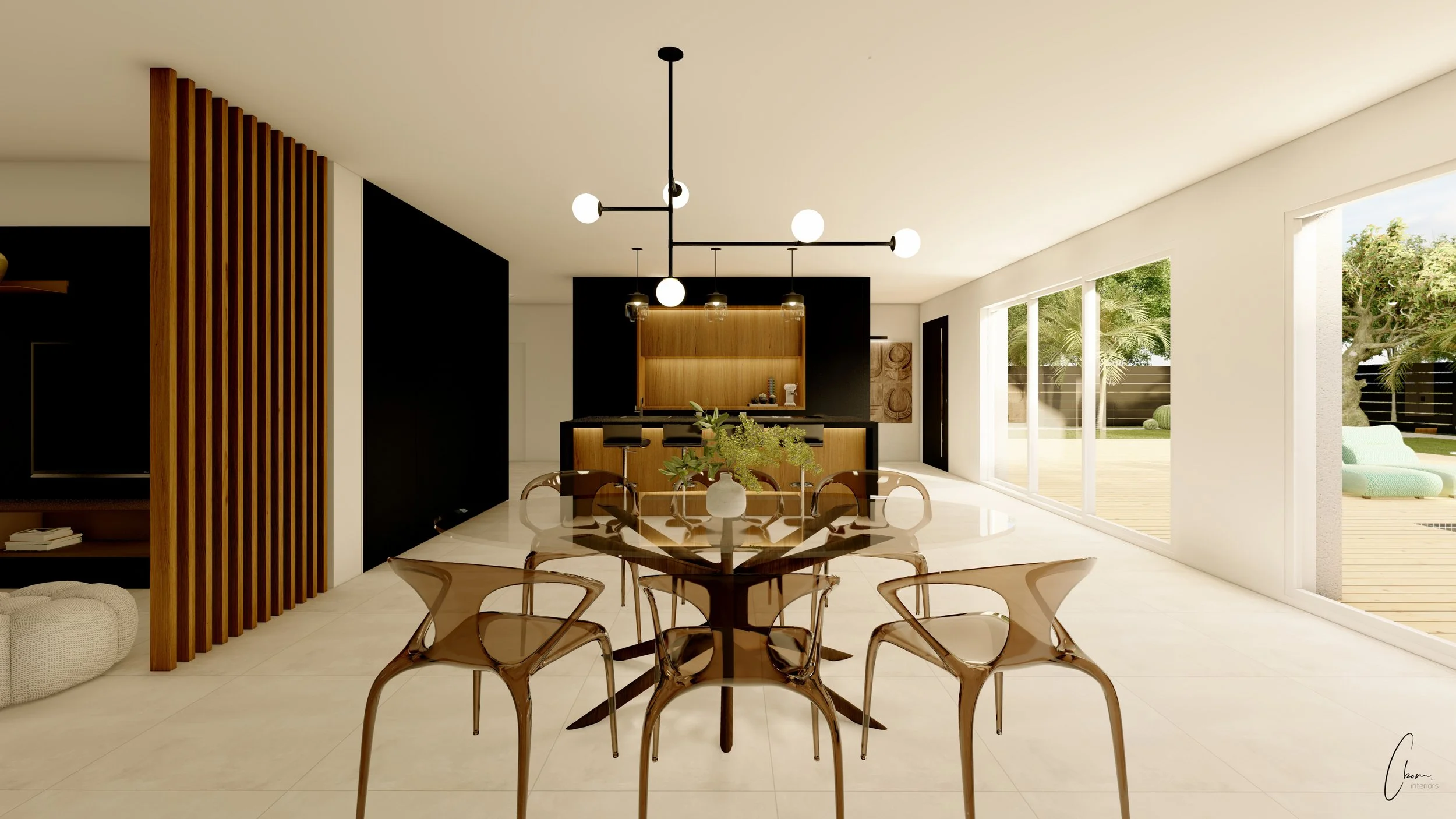 TV lounge area with wall-mounted unit and plush armchairs open to the living space, interior architecture of a home on Arcachon Bay, Roche Bobois furniture