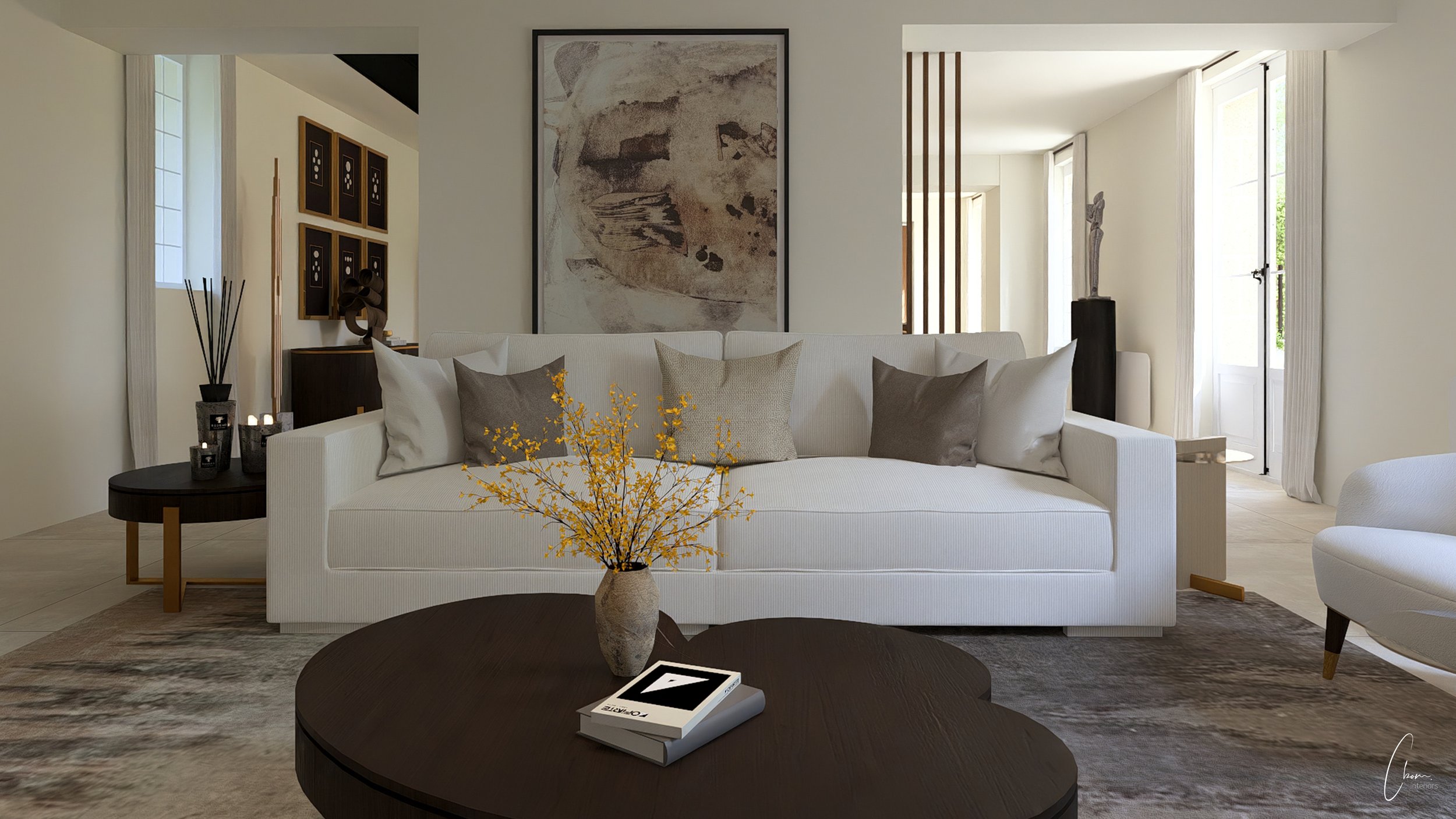 Seating area with bespoke armchairs, decoration blending heritage and contemporary design