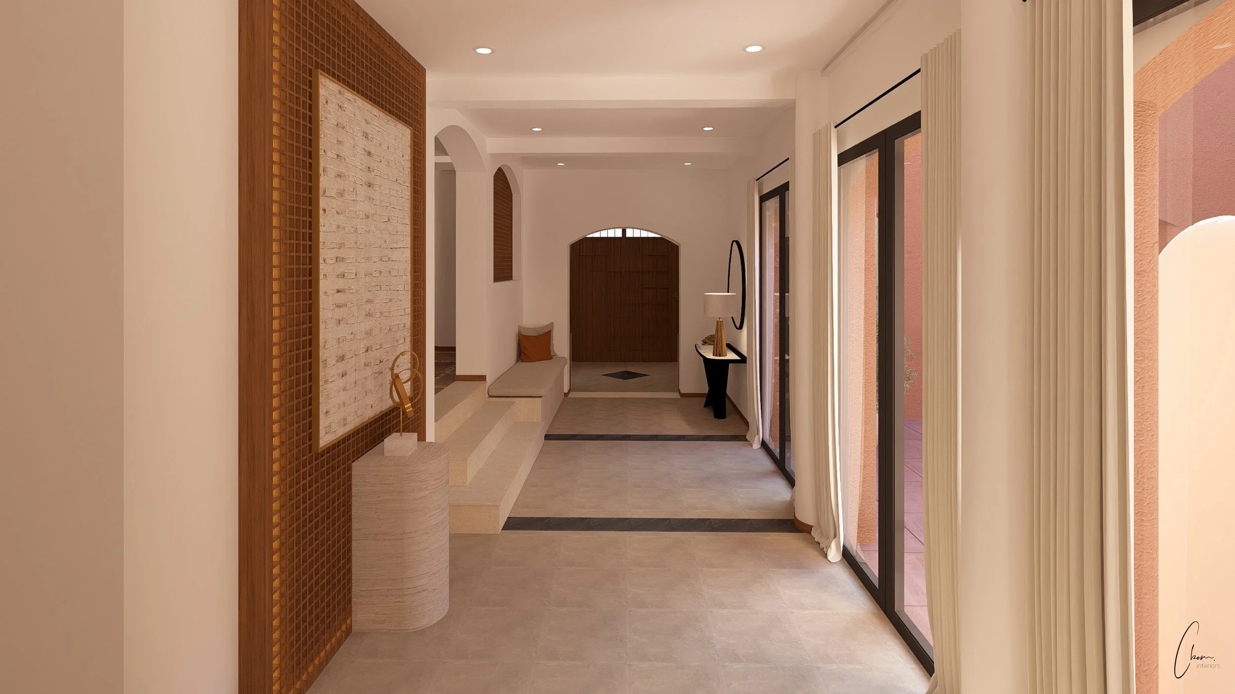 Couloir habillé de bois et de moucharabiehs, conception 3D d'un projet d'architecture d'intérieur