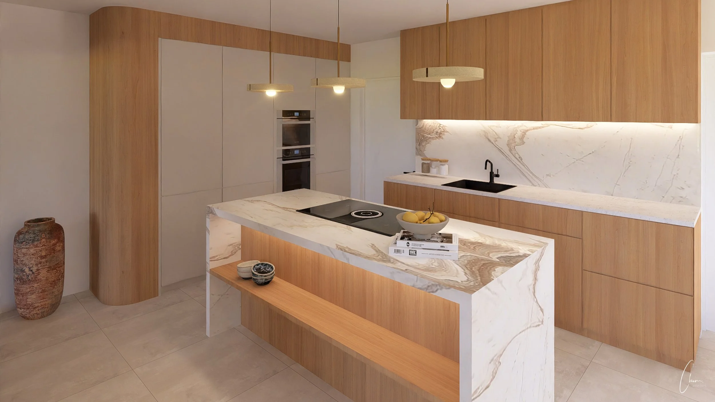 Contemporary kitchen in wood and quartzite, central island and bespoke cabinetry, Villa Terra