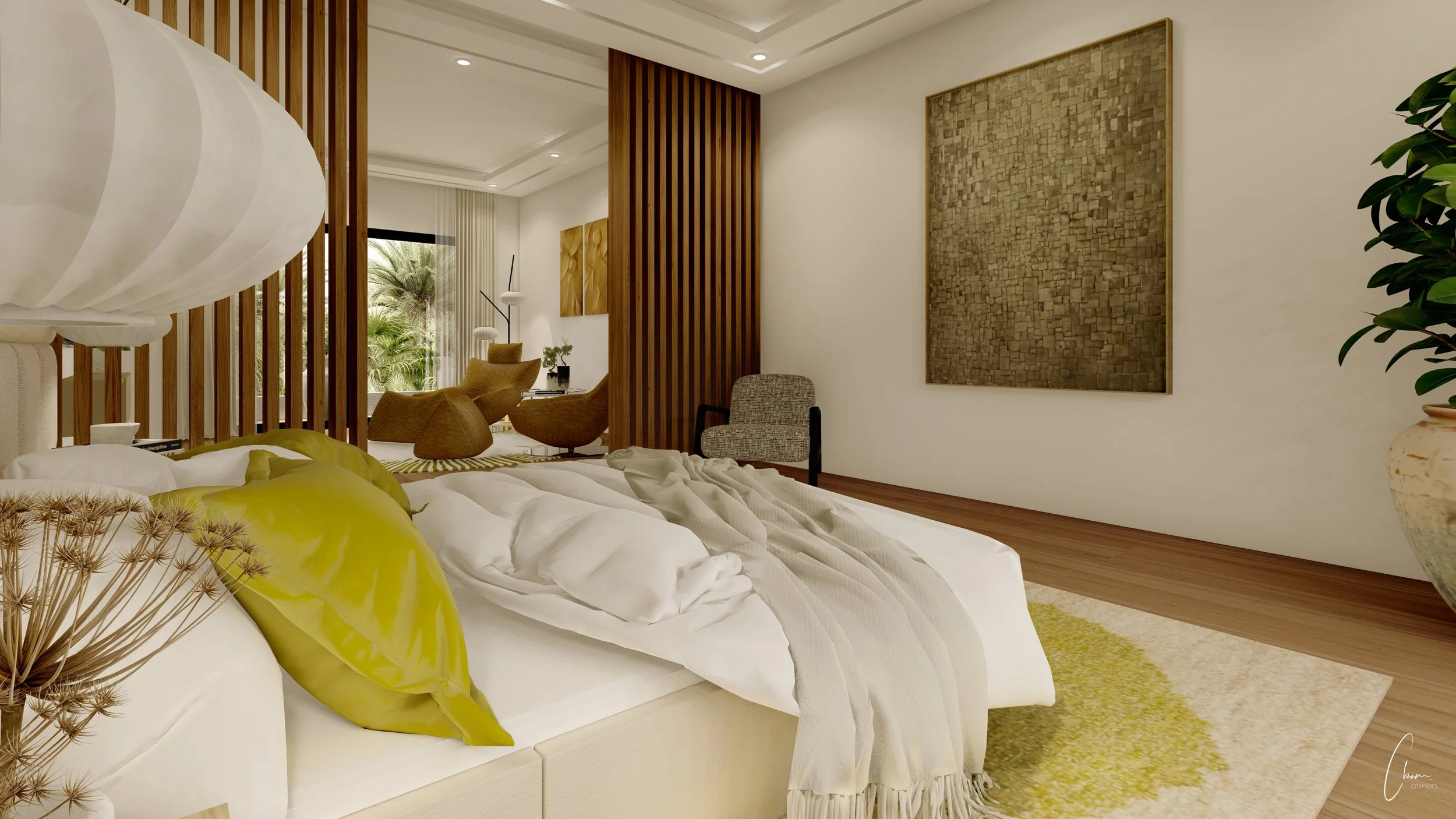 View from the bedroom towards the lounge area of a master suite, interior architecture of a Marrakech villa