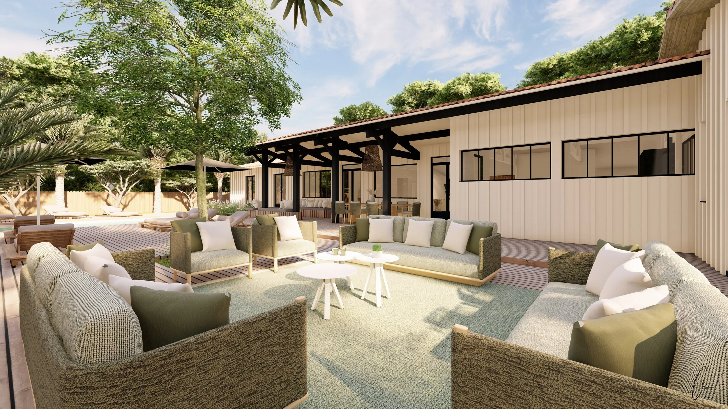 Salon d'extérieur sous une terrasse couverte, aménagement d'une villa de prestige au Cap Ferret