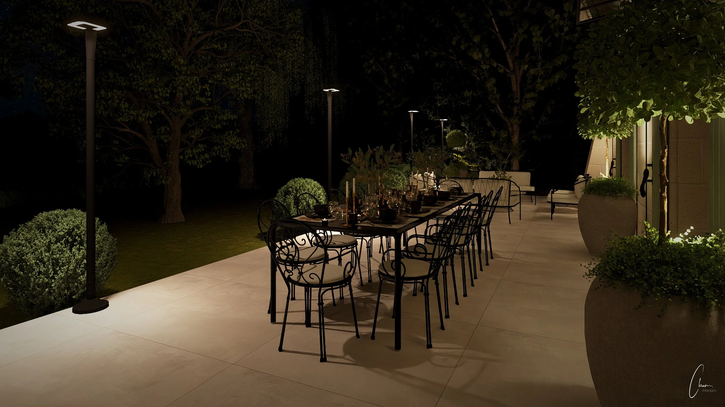 Vue nocturne de la terrasse et de la table dressée, conception 3D d'un projet haut de gamme