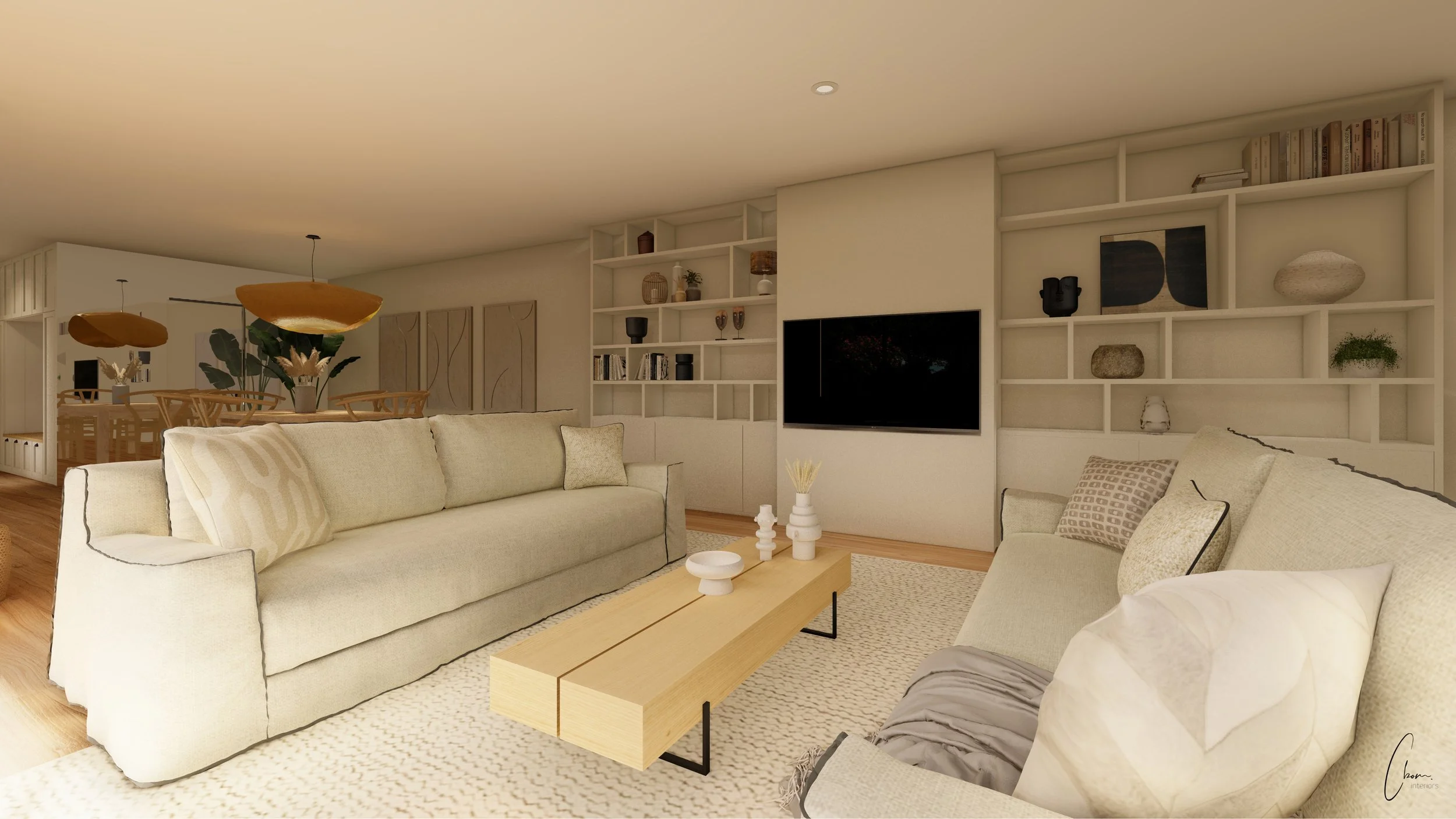 Contemporary lounge open to the dining room, 3D design of a light-filled Bordeaux home