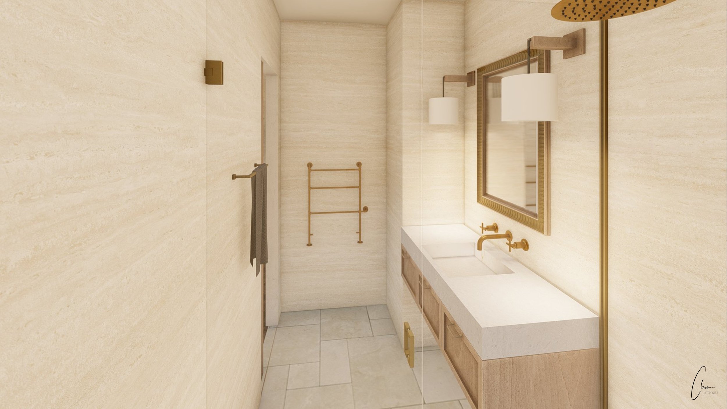 Salle de bain d'une suite habillée de travertin avec double vasque et douche, design d'intérieur d'un château en Gironde
