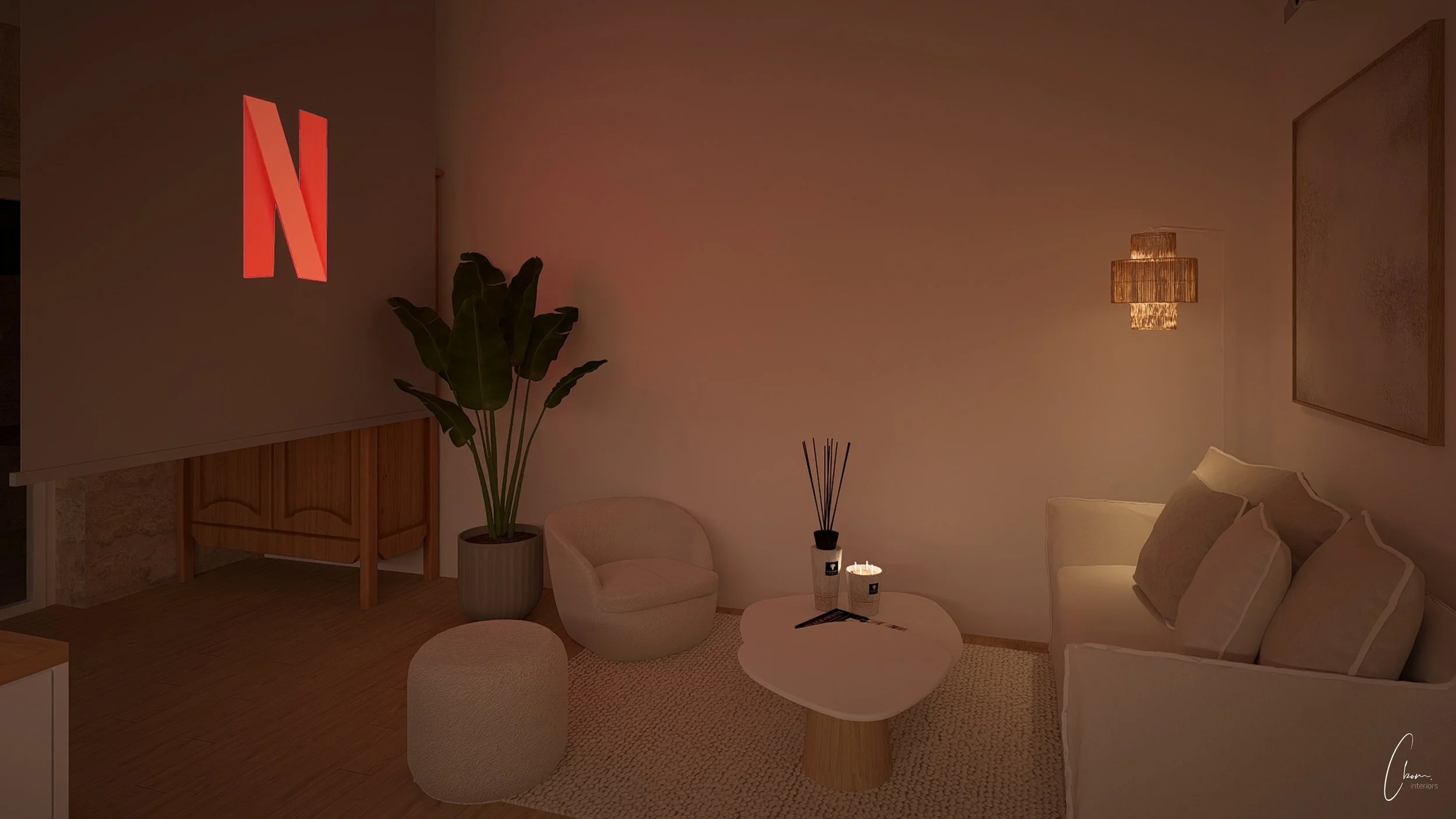 Coin salon cosy en éclairage du soir, conception 3D d'un projet de rénovation près de Bordeaux