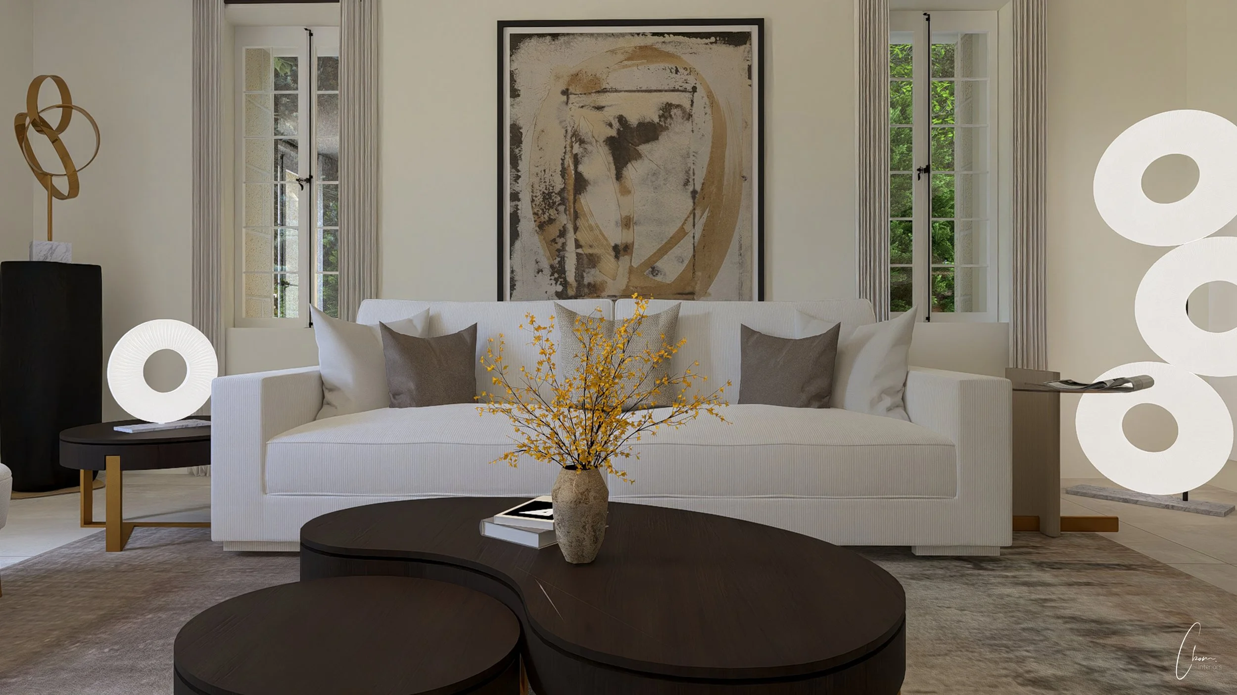 Coin salon avec fauteuils sur mesure, décoration mêlant patrimoine et design contemporain