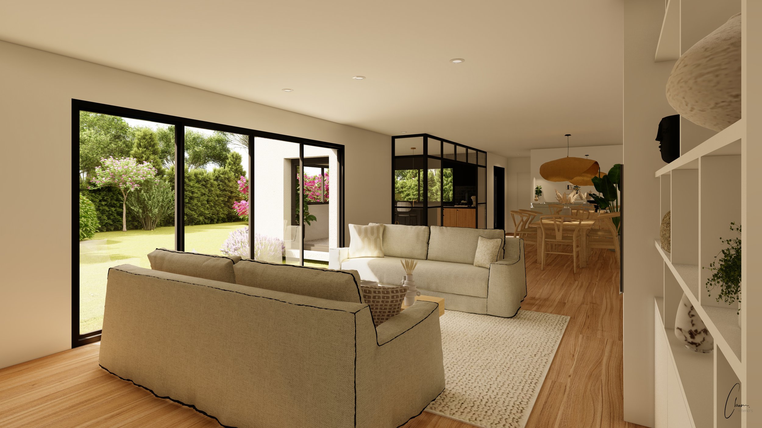 Coin salon cosy aux tons clairs ouvert sur le jardin, aménagement intérieur d'une maison à Bordeaux