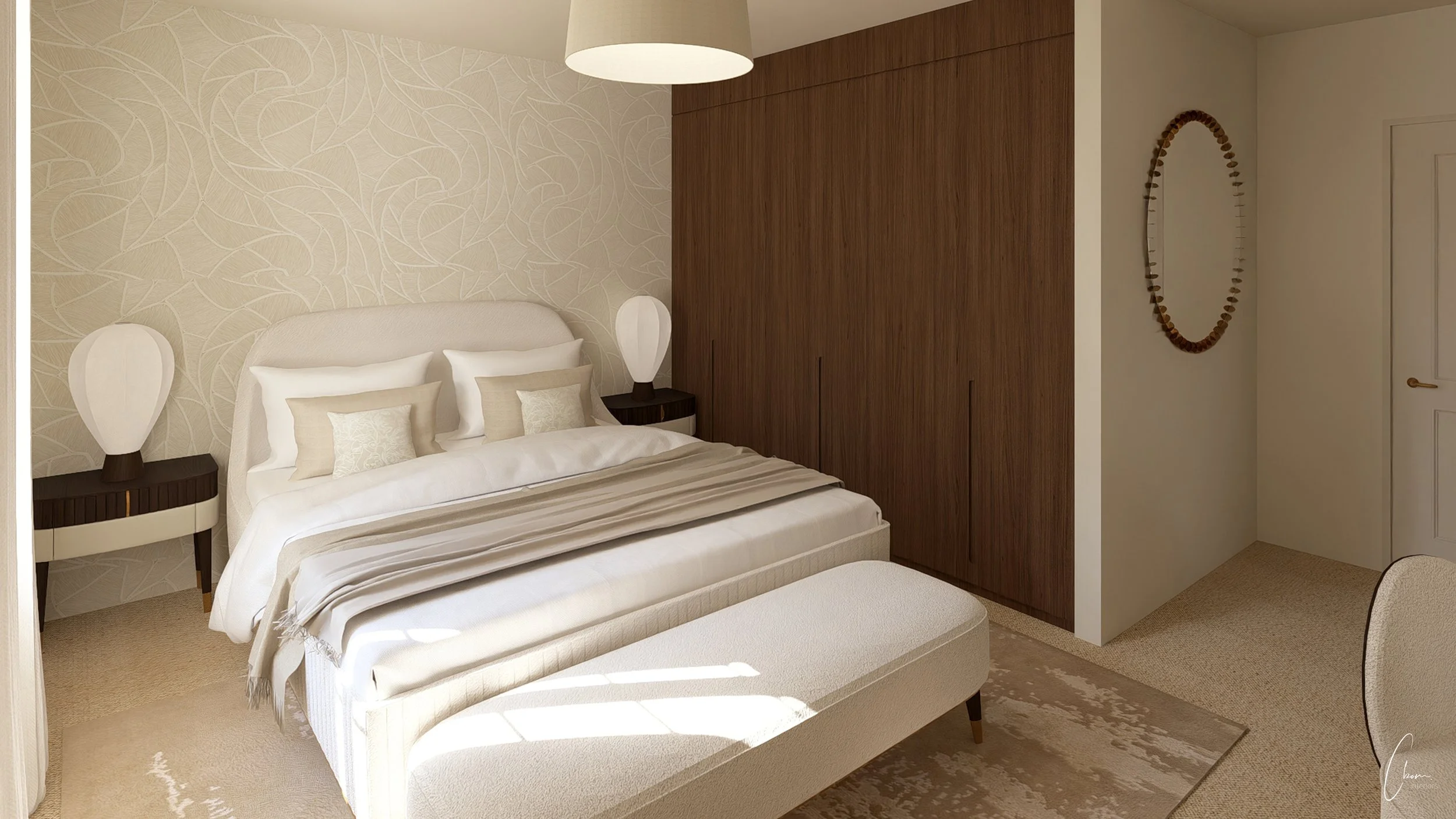 Détail de la chambre Eden, têtes de lit matelassé et lampes design