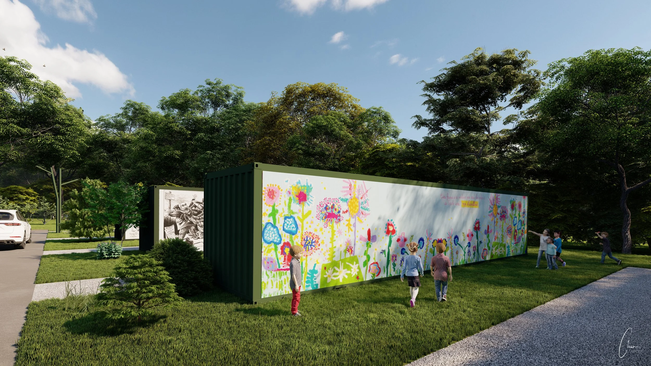 Conteneur décoré d'une fresque florale enfantine animant un parc, espace artistique à Limoges