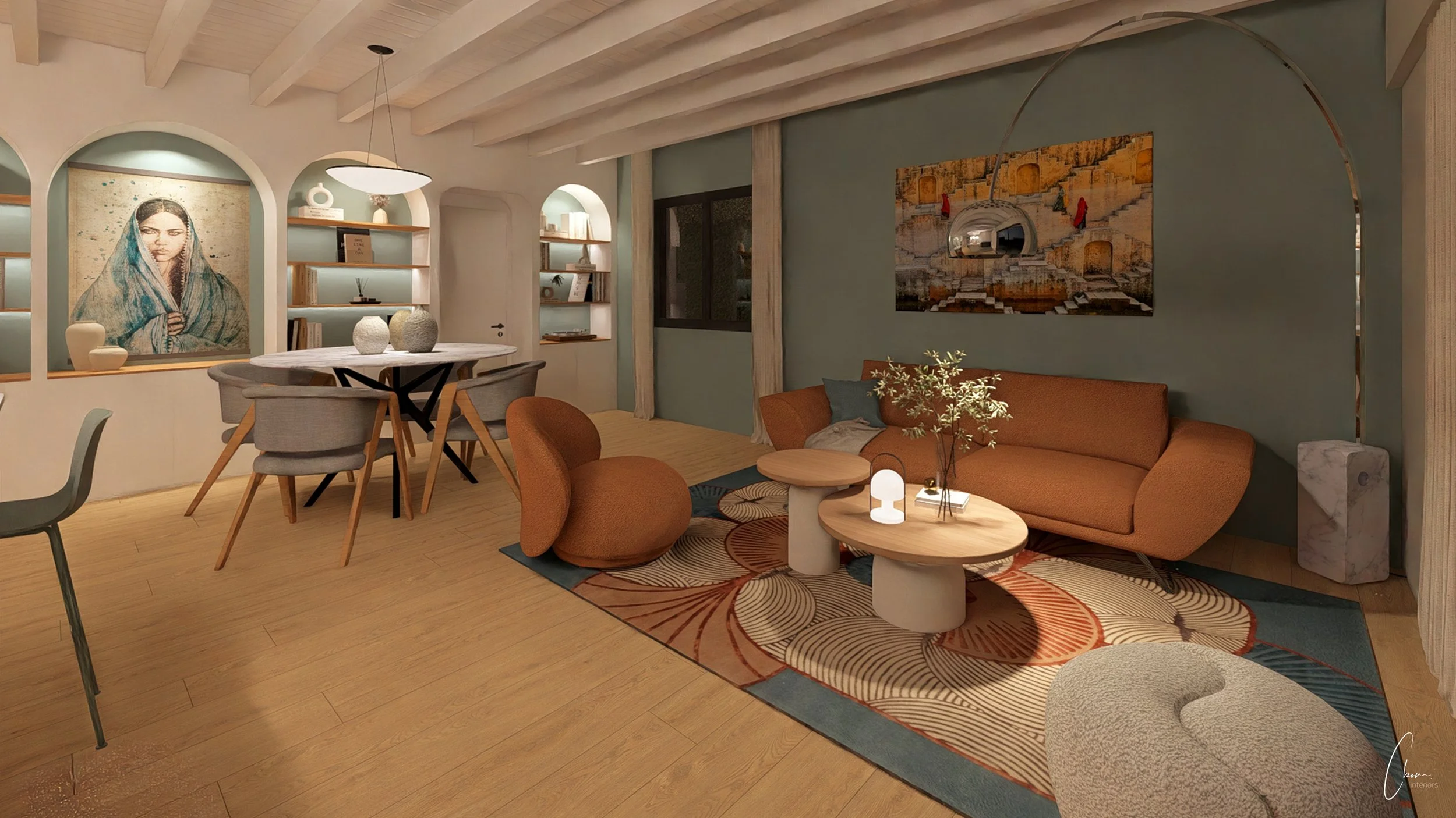 Living space with dining area, interior architecture project blending terracotta and soft blue
