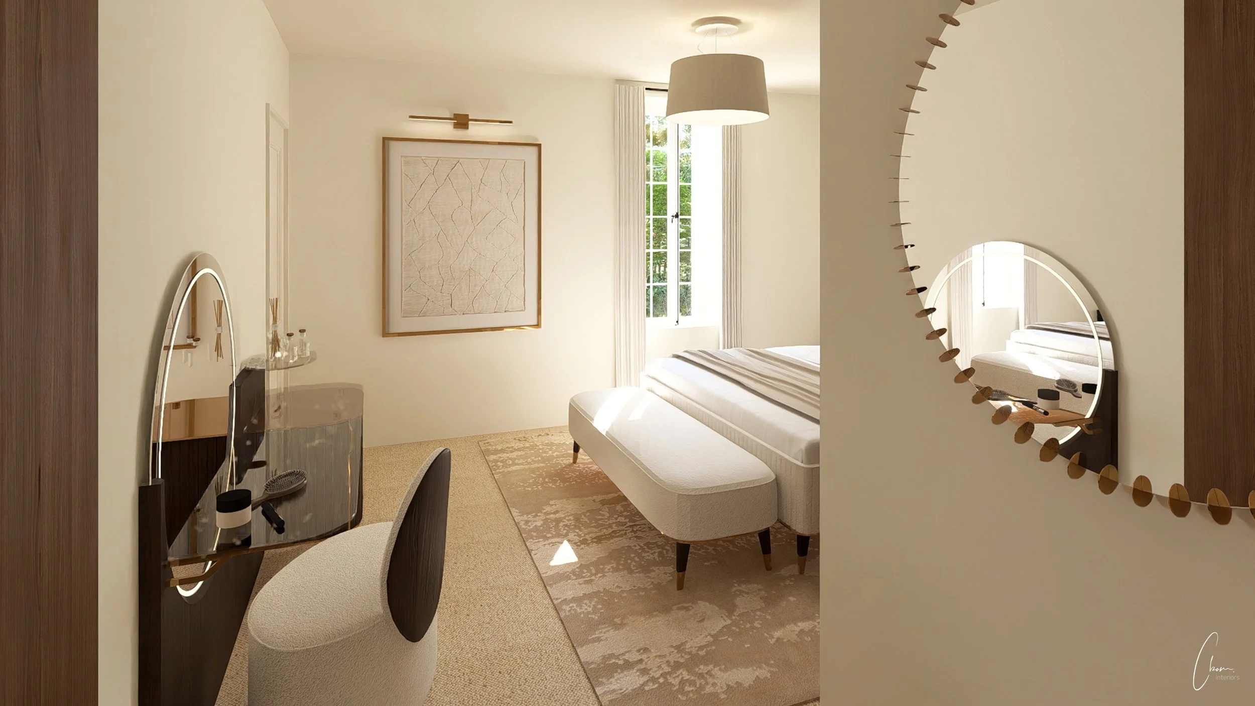 Elegant bedroom in cream tones, interior design of a character property