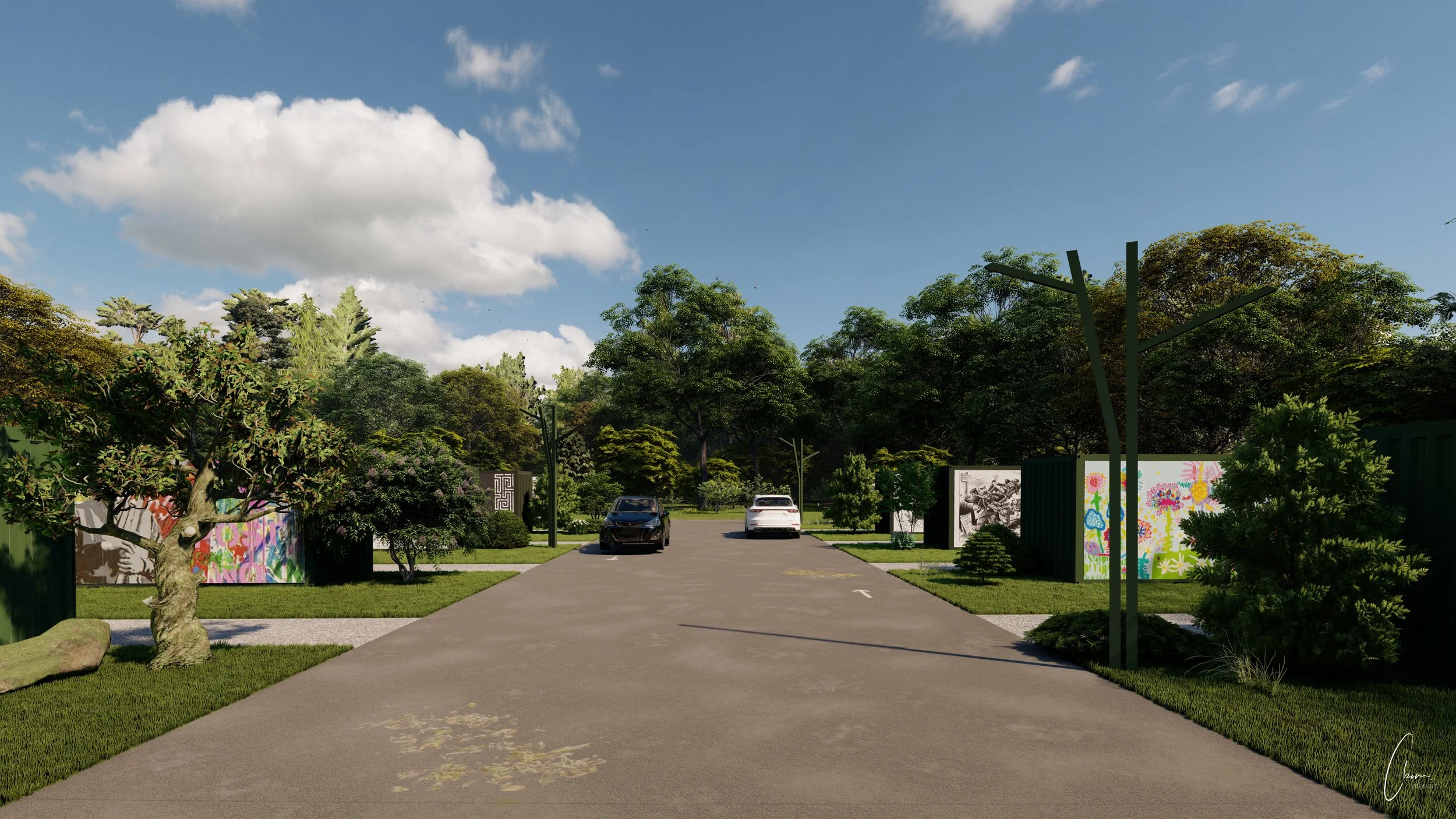Allée traversant un parc paysager rythmé de conteneurs artistiques, projet d'aménagement extérieur à Limoges