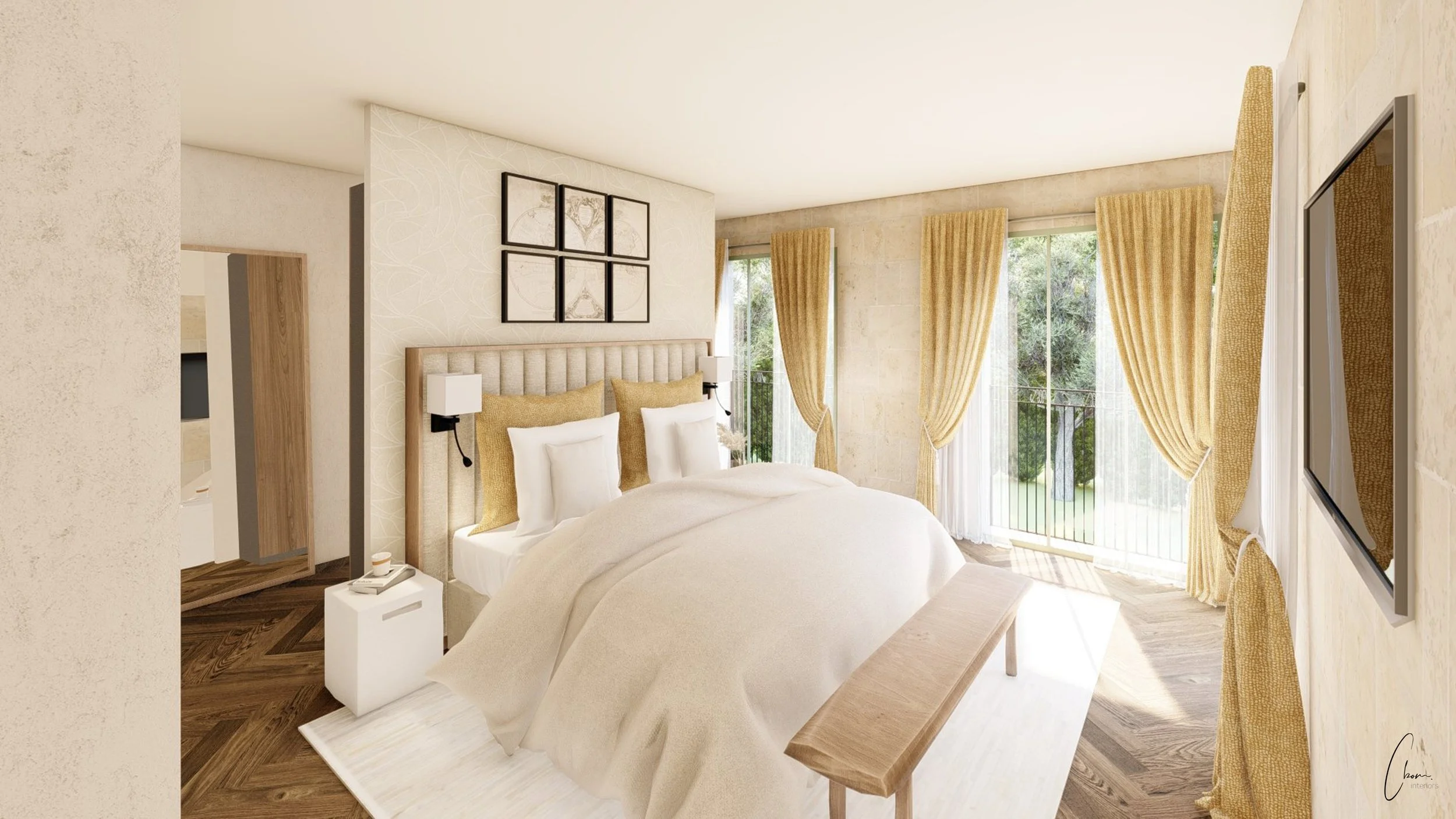 Chambre d'une suite avec tête de lit capitonnée et balcon donnant sur le parc, aménagement d'un château dans le Médoc