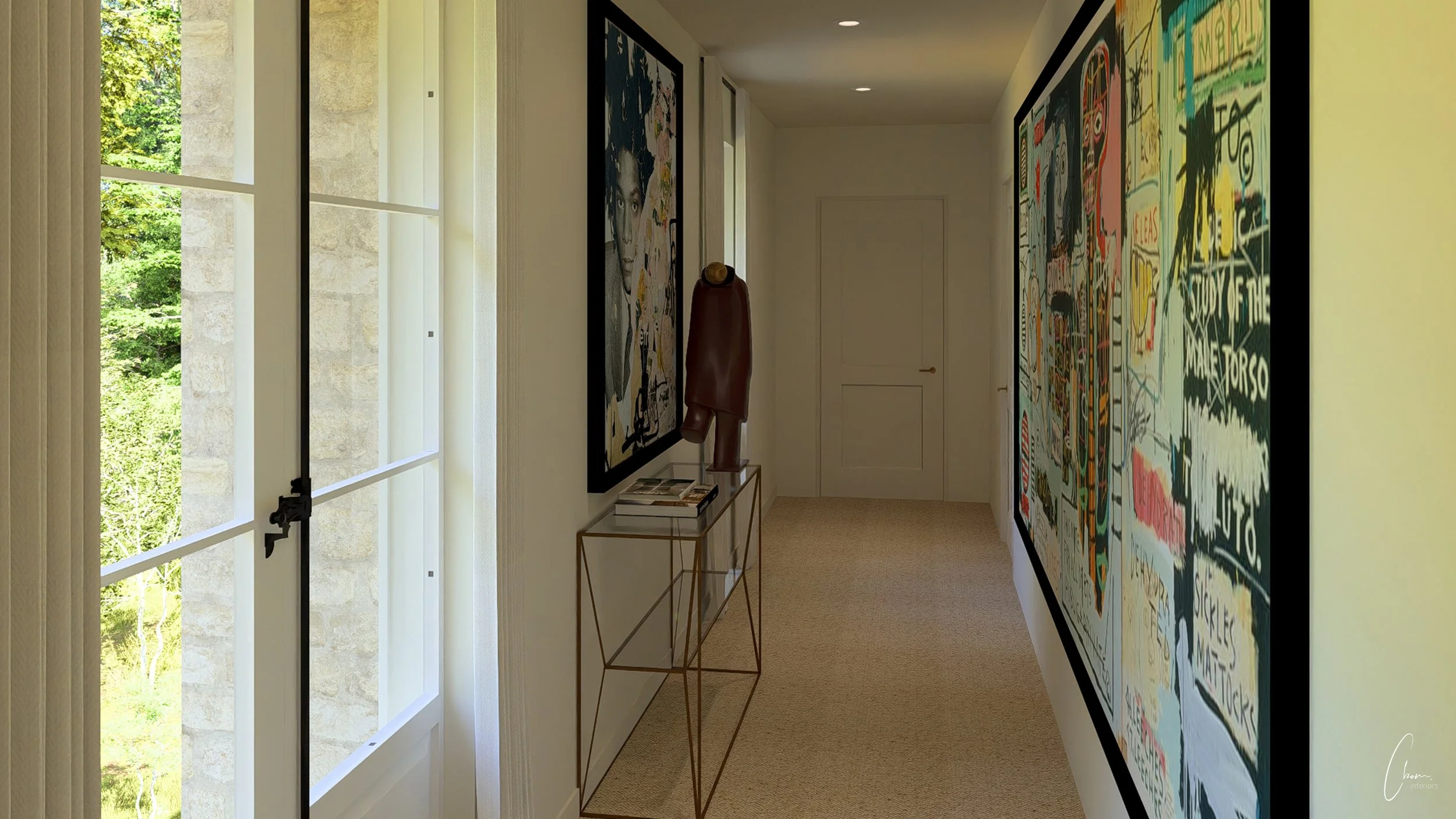 Couloir aménagé comme une galerie d'art, architecture d'intérieur d'une demeure girondine