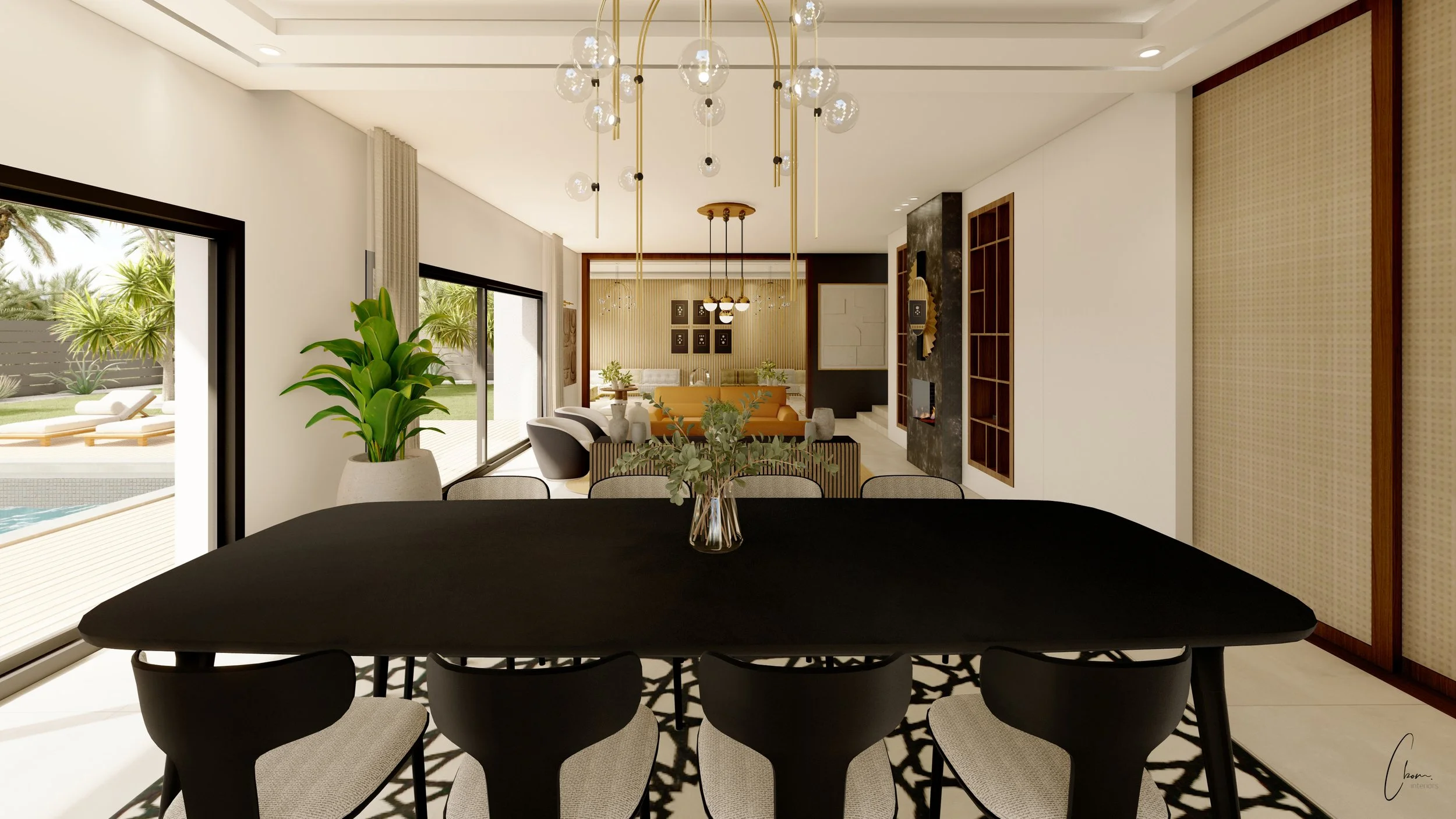 Dining room open to the lounge and pool terrace, interior design of a Marrakech villa