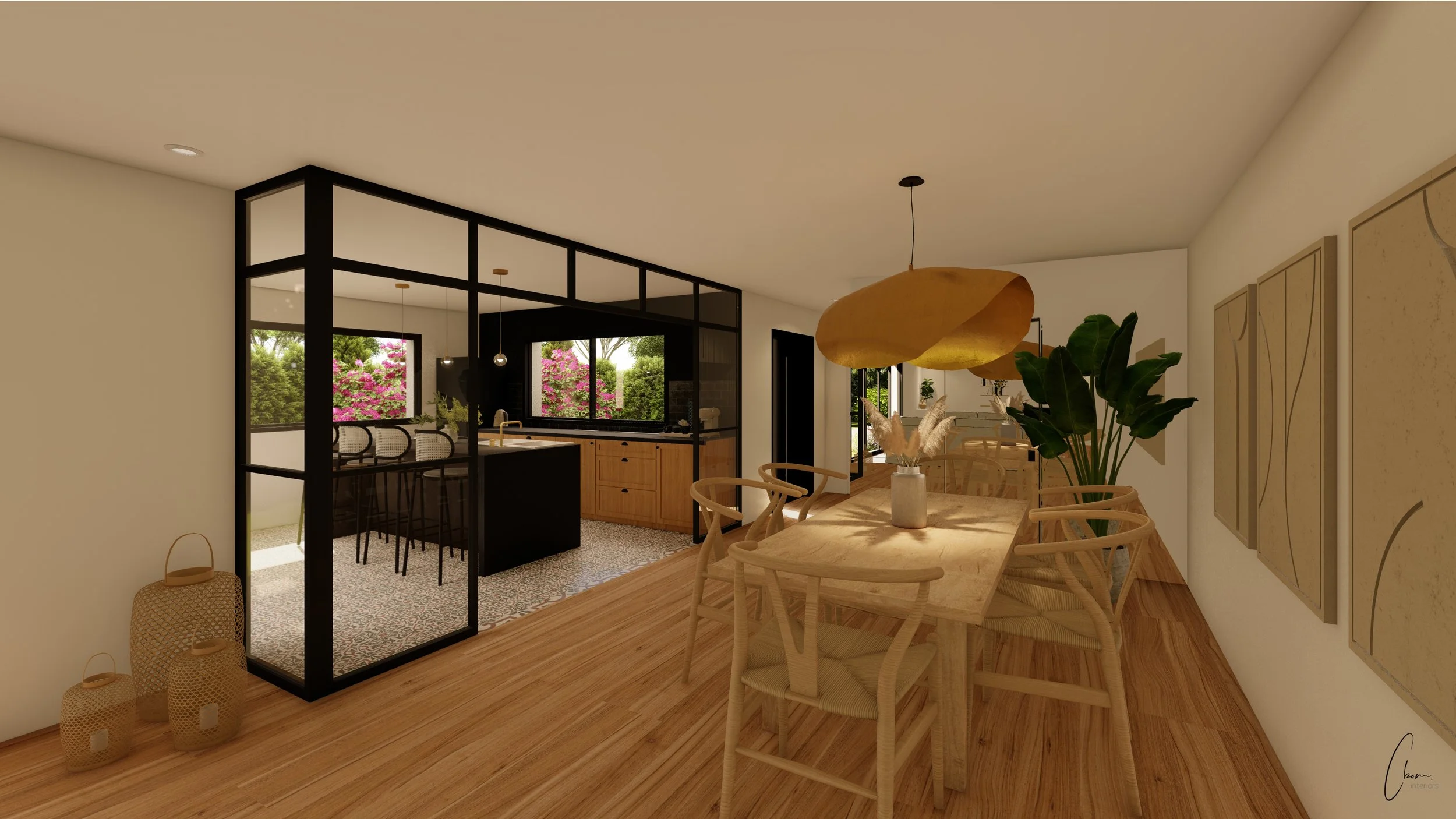 Salle à manger et cuisine ouvertes derrière une verrière noire, aménagement intérieur d'une maison neuve à Bordeaux