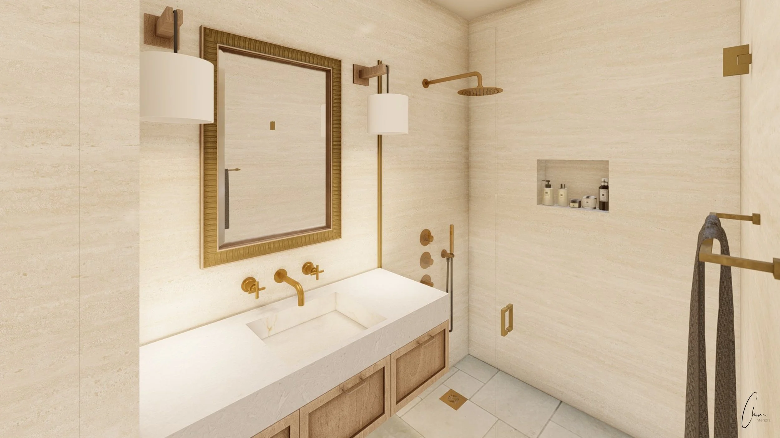 Suite bathroom with stone vanity, walk-in shower and gold fittings, design of a château in the Médoc