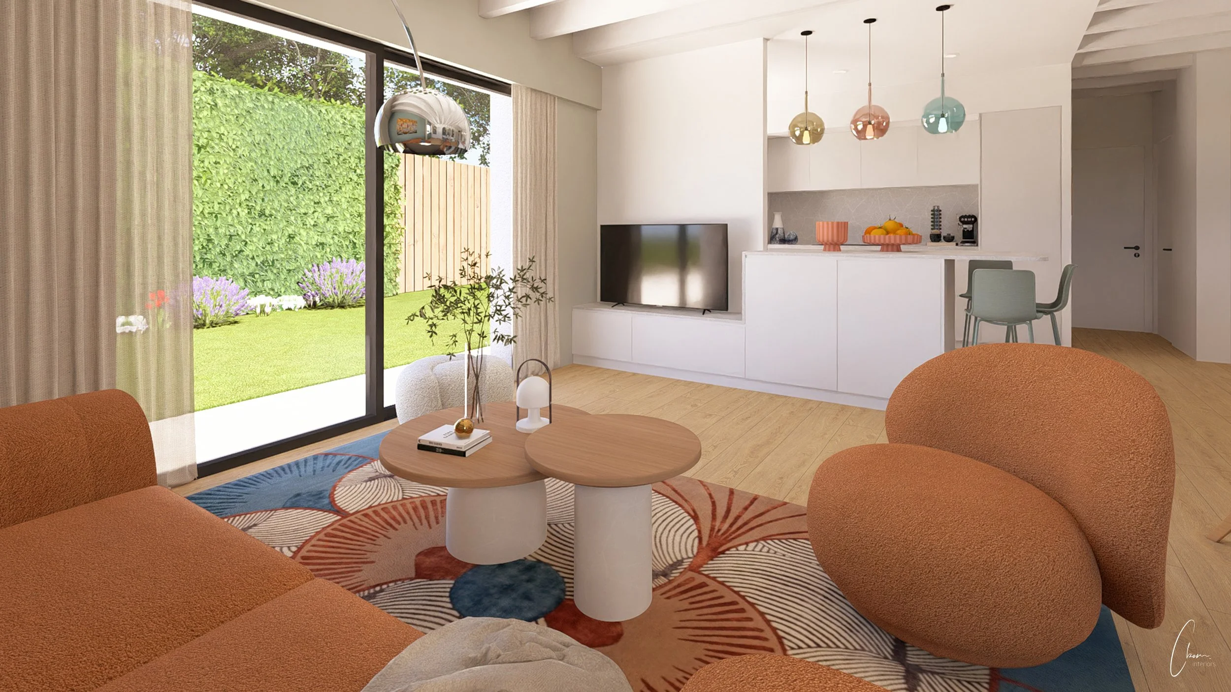 Contemporary lounge open to the garden, 3D design of an interior architecture project