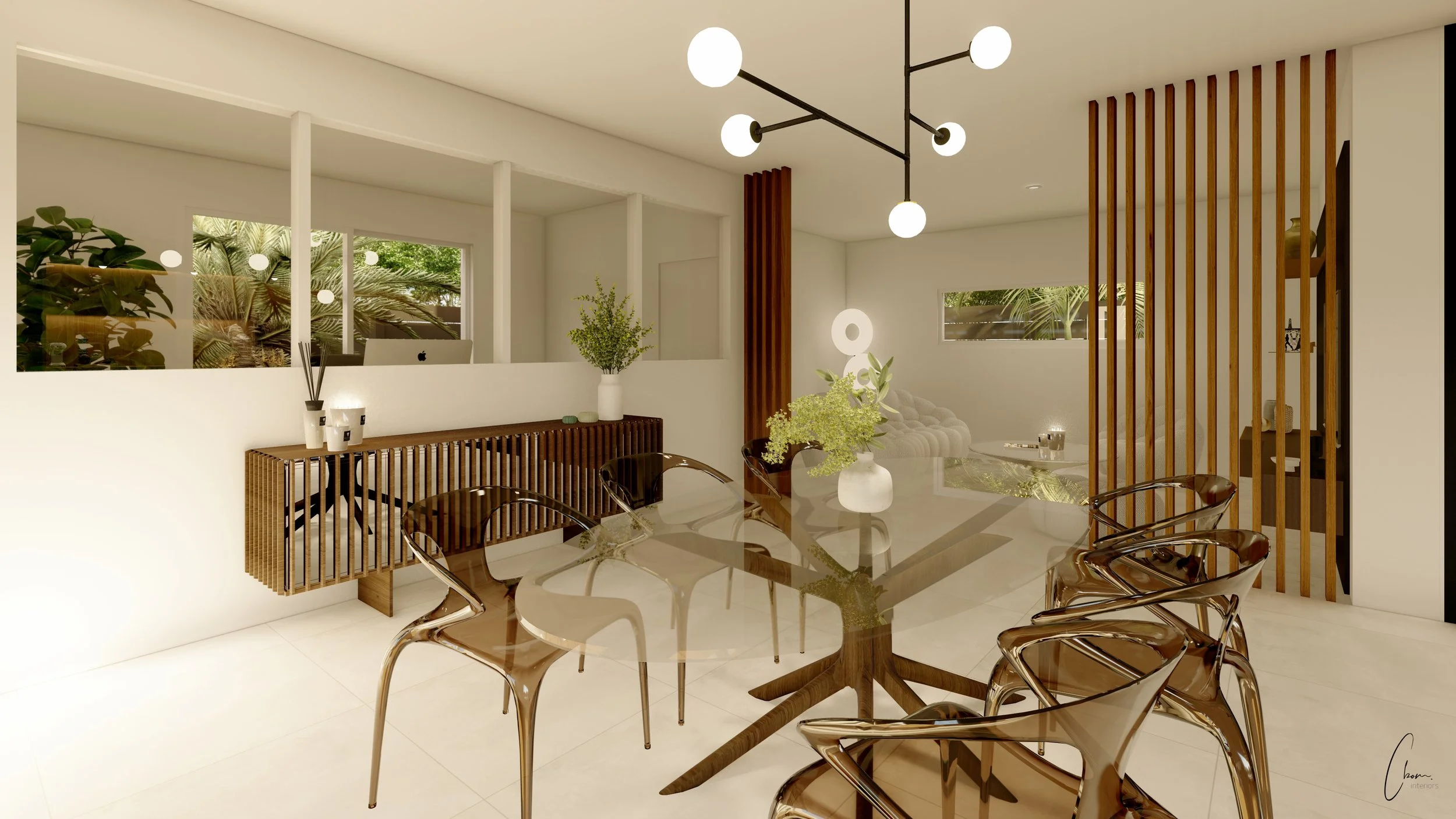 Refined dining room with glass table and wooden slat partitions, interior design of a home on Arcachon Bay