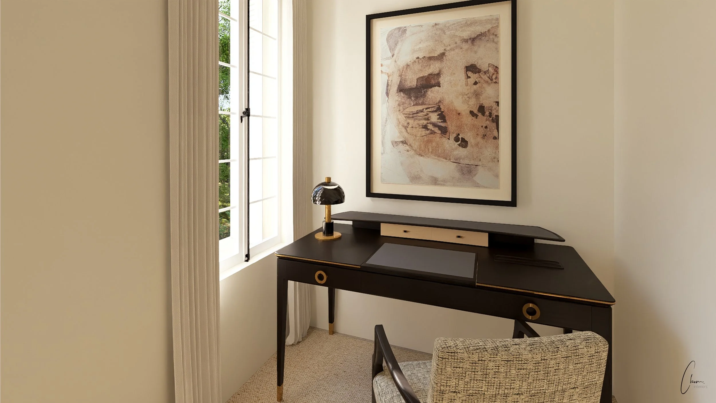 Détail de l'espace bureau de la chambre Monceau, mobilier design et œuvre d'art