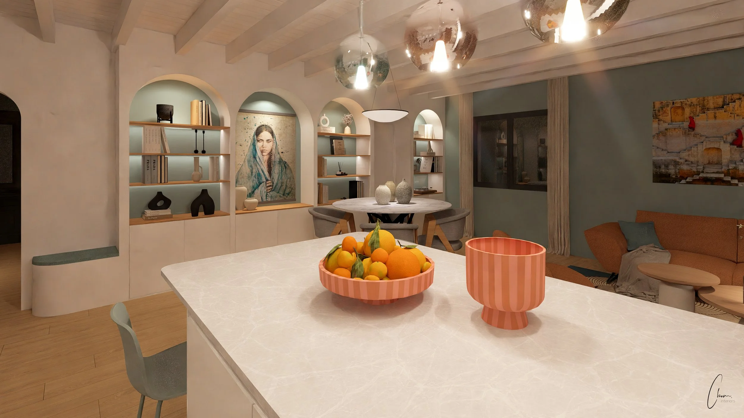 Open kitchen with central island, arched alcoves and bespoke shelving, Maison Azul in Caudéran, Bordeaux