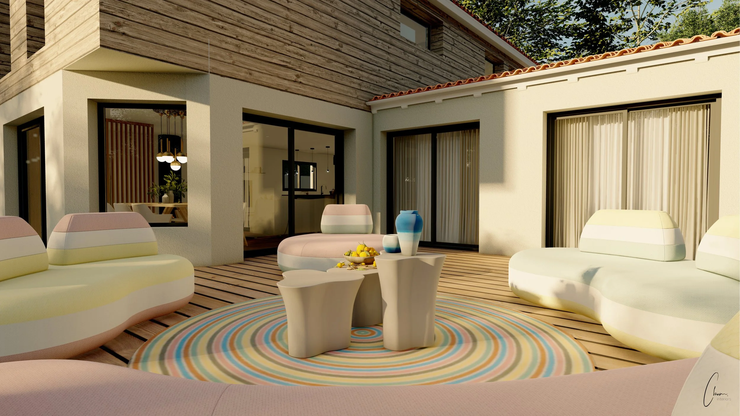 Outdoor lounge with pastel seating by the pool, terrace design on Arcachon Bay