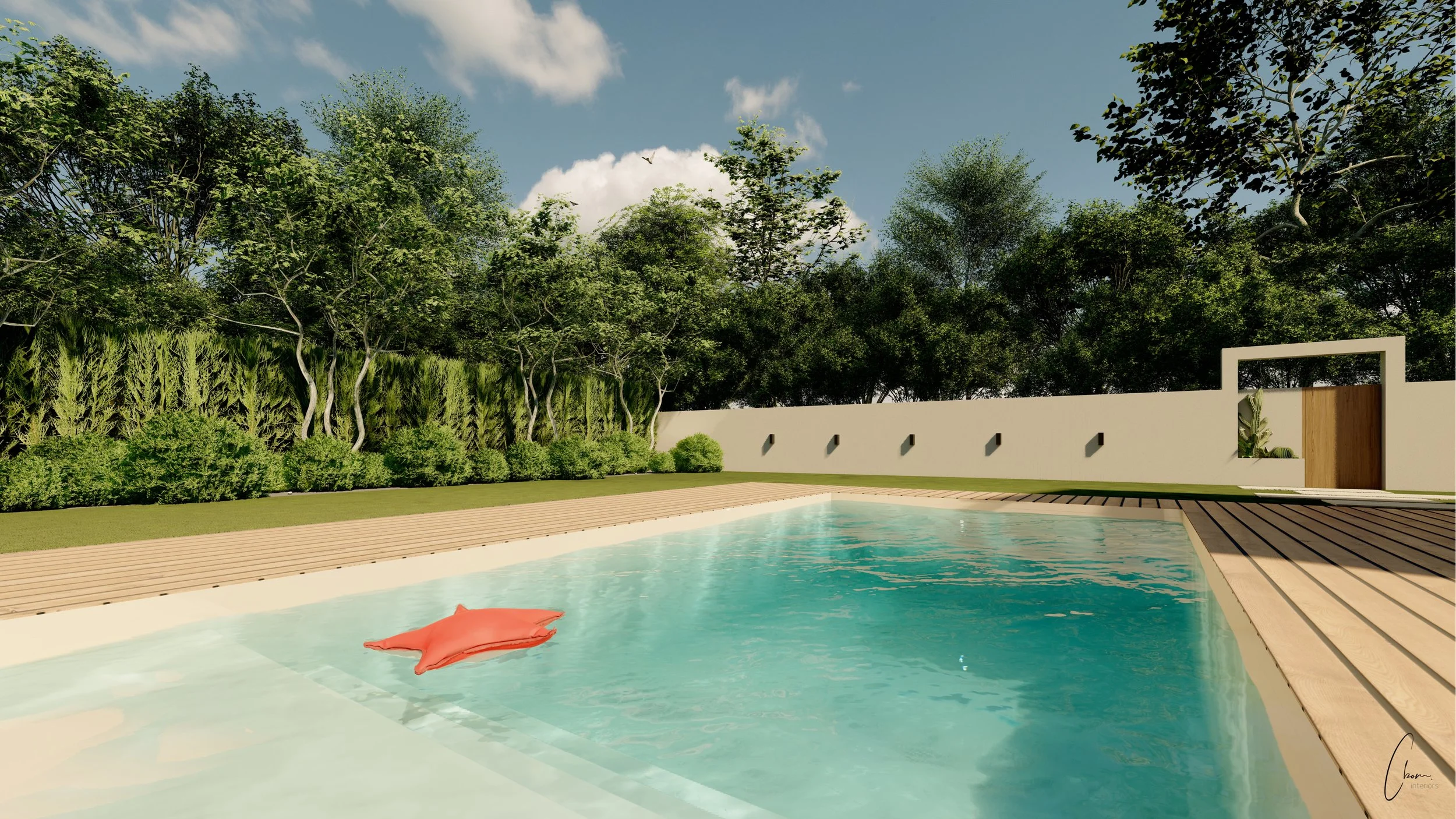 Outdoor lounge area by the poolside, garden design of a home on Arcachon Bay