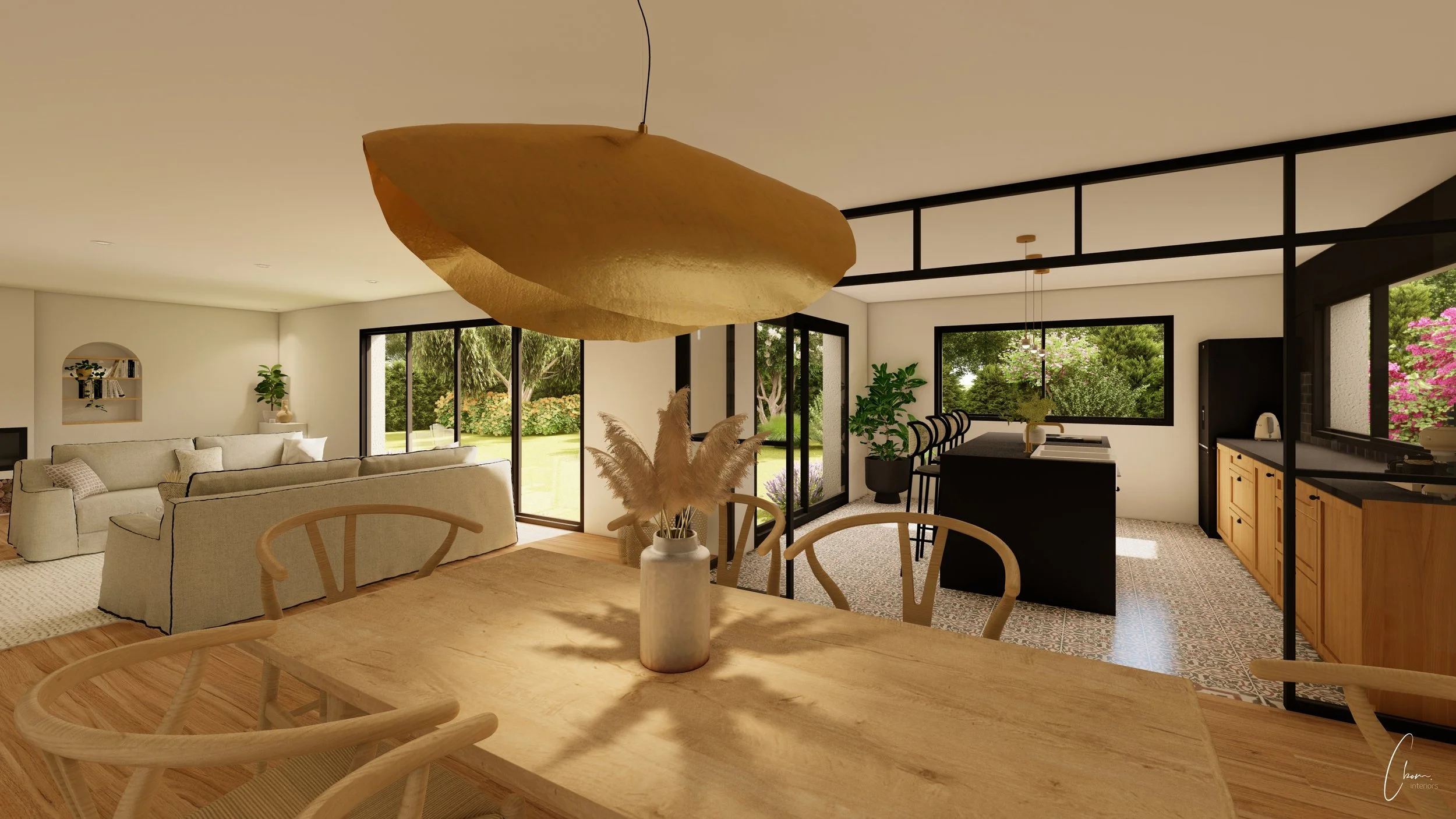 Espace repas ouvert sur le salon et le jardin, conception 3D d'une maison contemporaine à Bordeaux