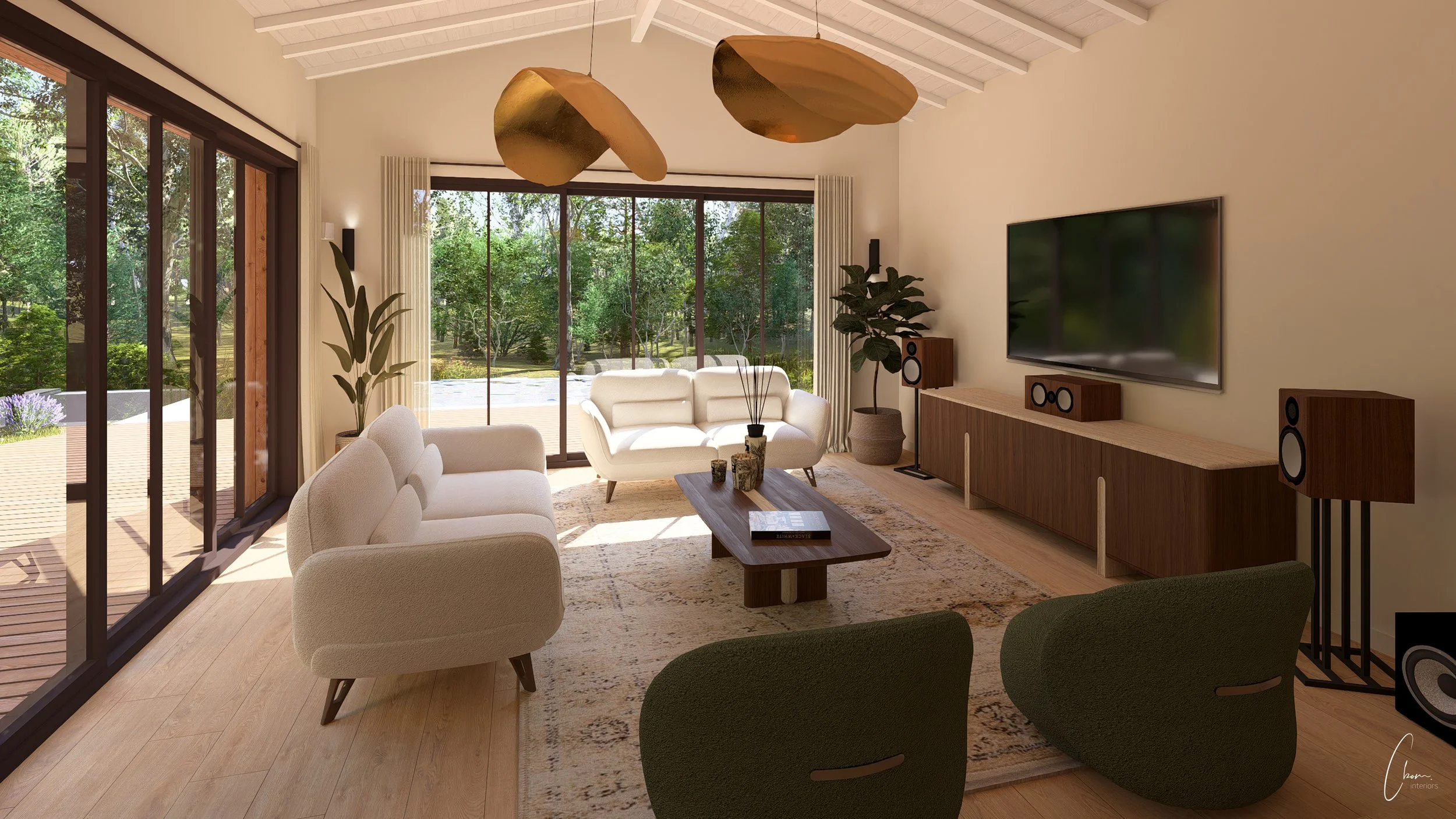 Rendu 3D d'un séjour avec coin télévision, maison près d'Arcachon ouverte sur la nature